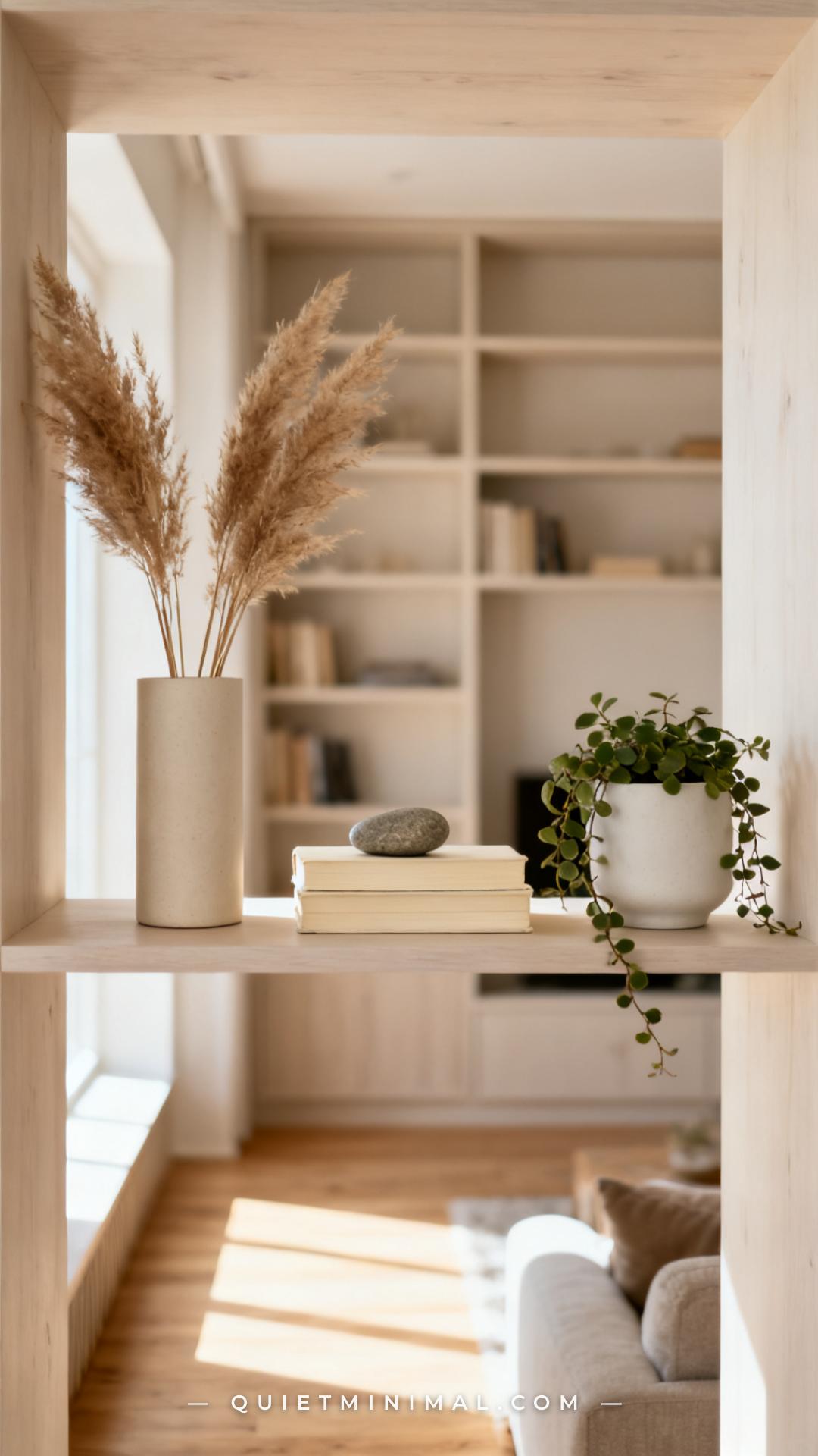 A wide establishing shot of a light-colored built-in bookshelf in a small