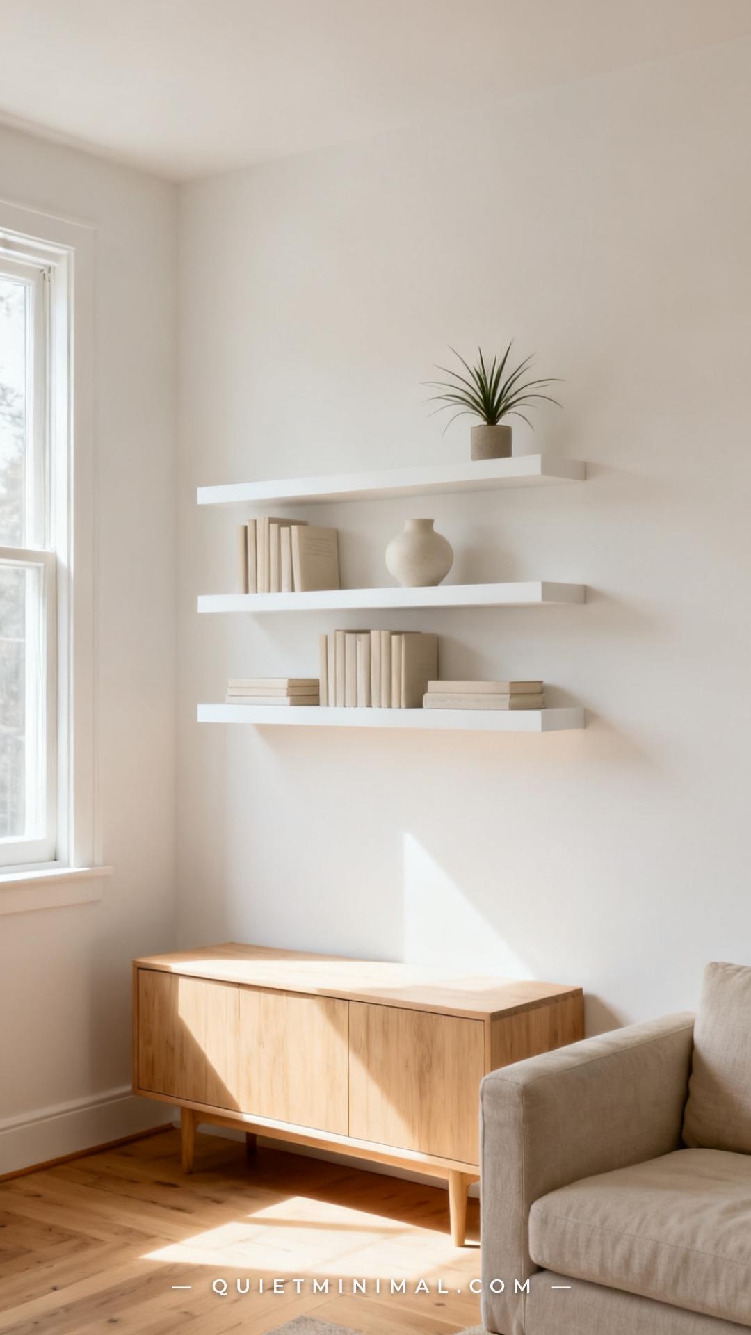 An establishing shot of a compact living room featuring a white floating wall shelf system mounted flush against a soft
