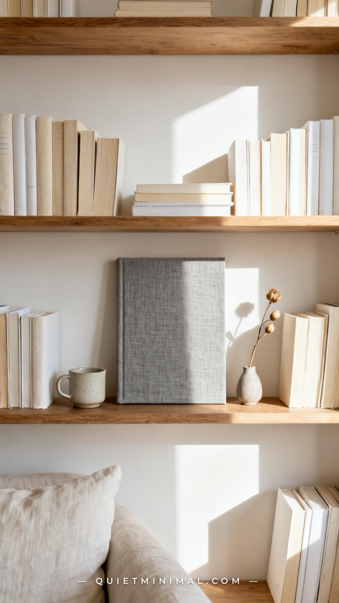 A medium-wide photograph of an open wooden bookshelf in a calm