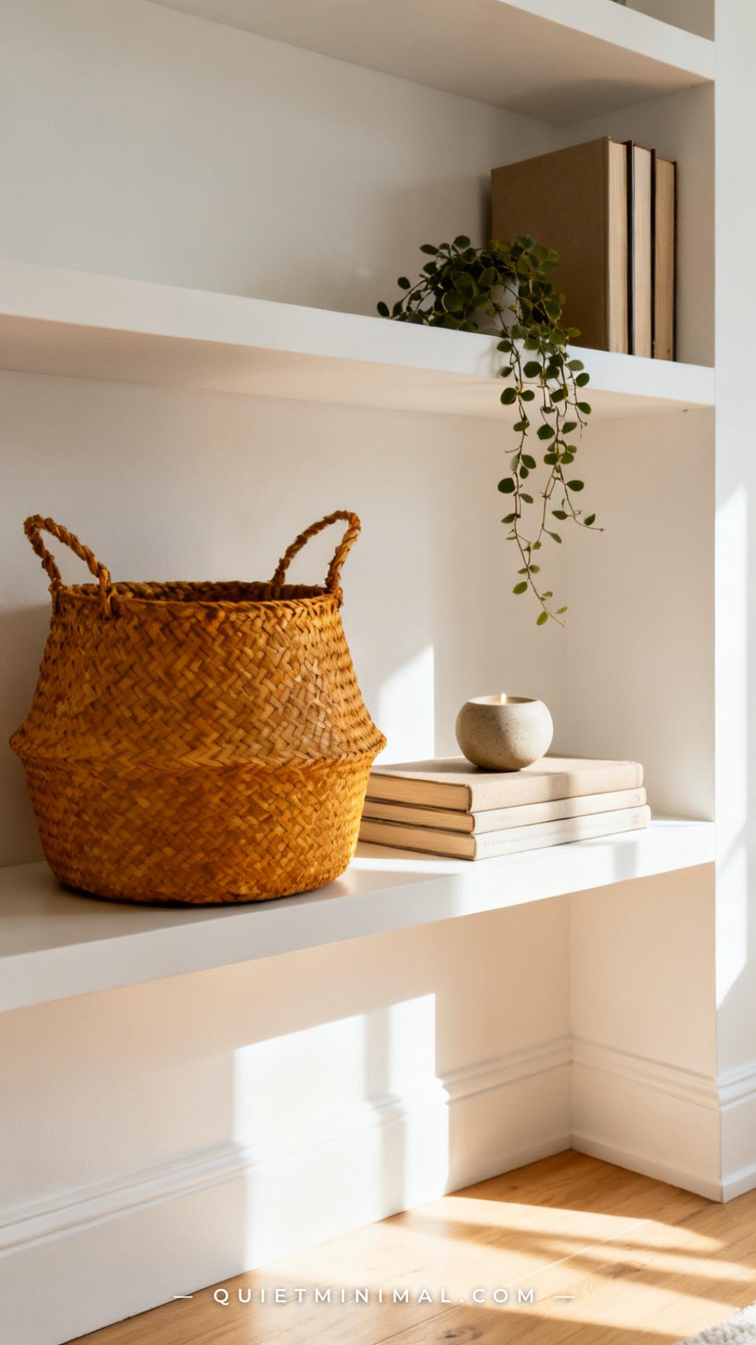 A wide-angle view of a living room shelf unit showing one shelf tier featuring a medium-sized woven seagrass basket on t