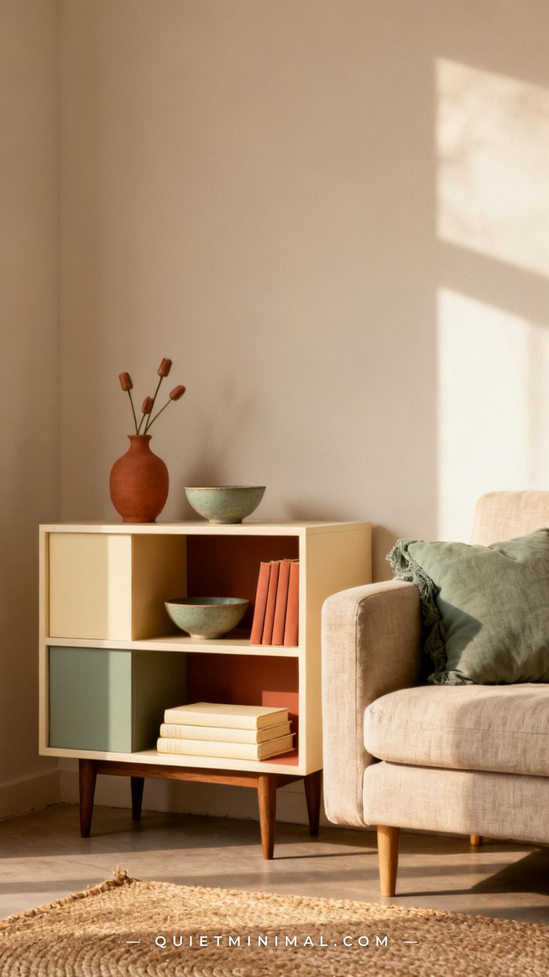 A vertical photograph captures a small living room with a warm