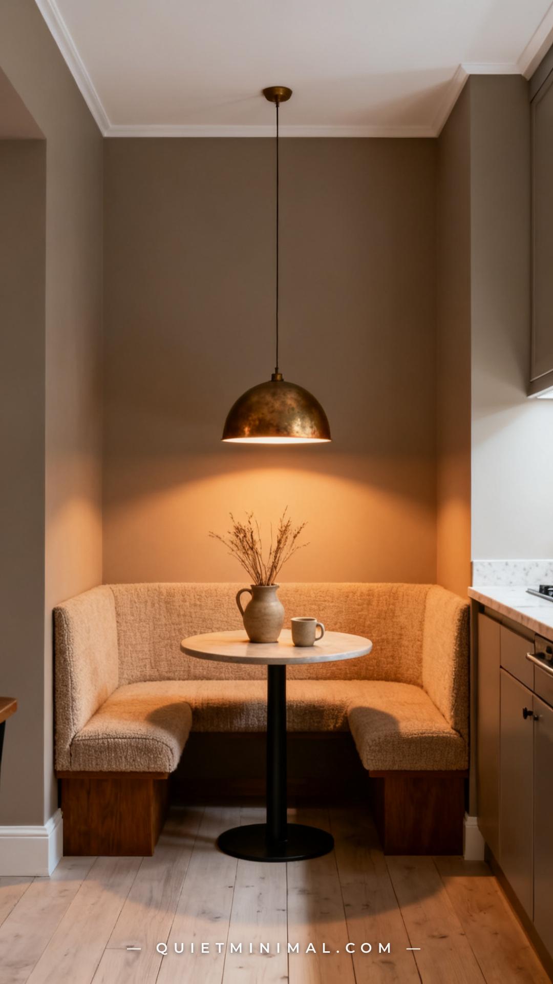A vertical photograph captures a full kitchen corner showing a single statement pendant light hanging at eye level over