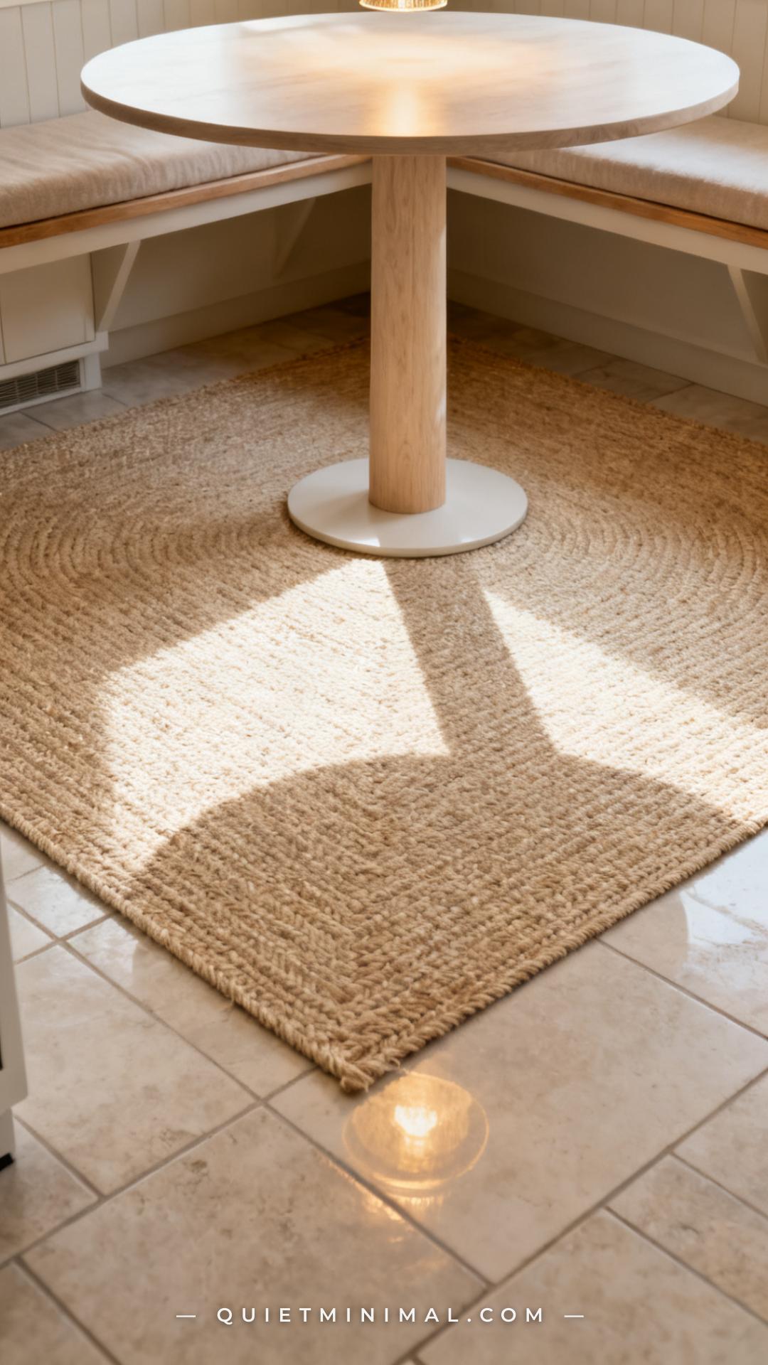 A vertical photograph captures the floor area of a kitchen corner breakfast nook