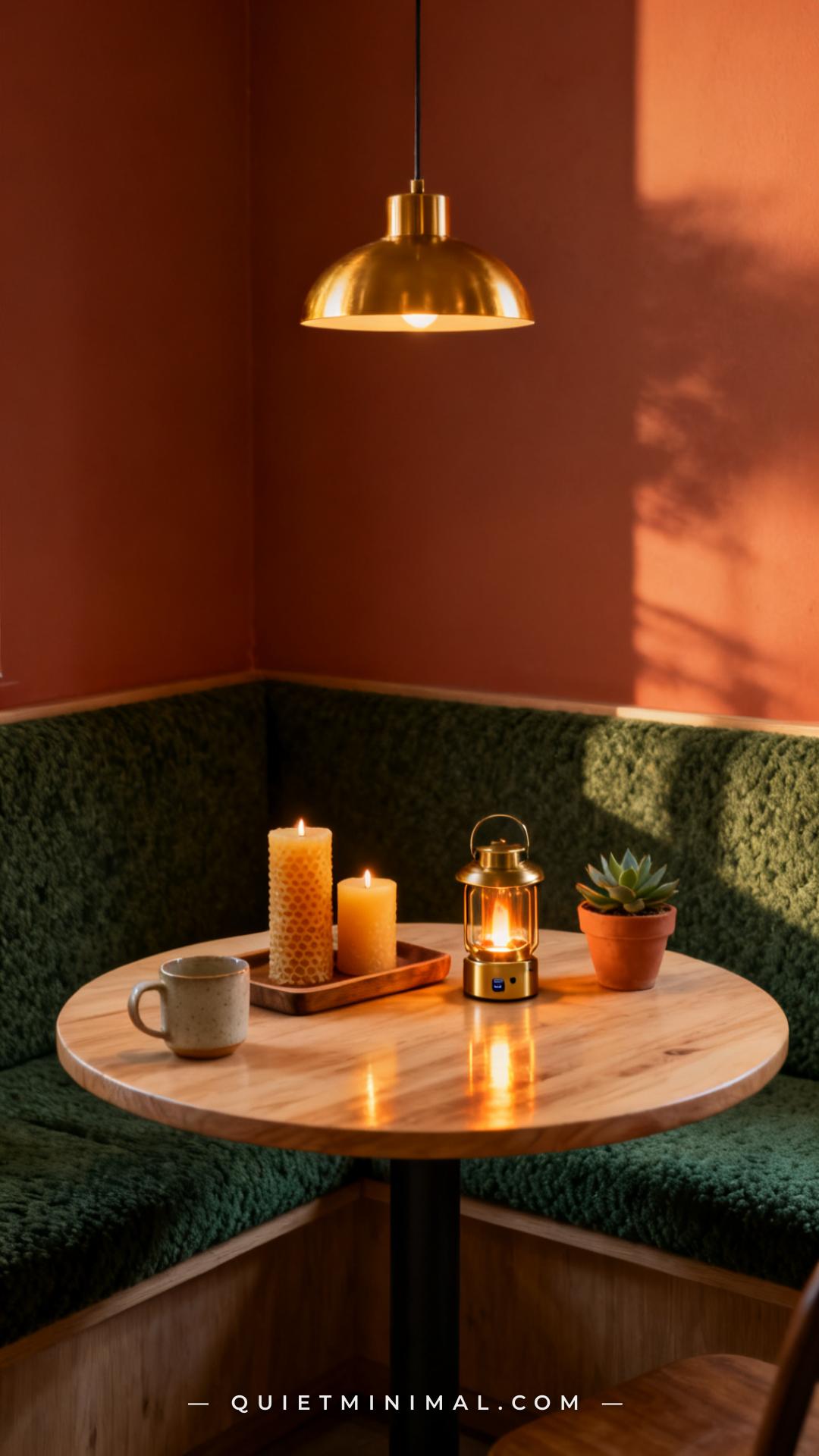 A vertical photograph captures the full breakfast nook table styled for early evening