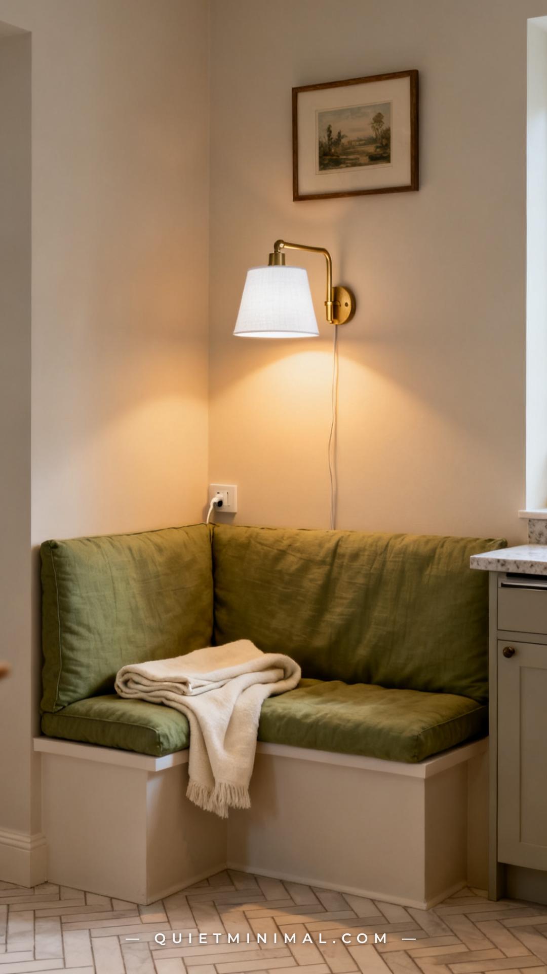 A vertical photograph captures the left wall of a kitchen corner breakfast nook