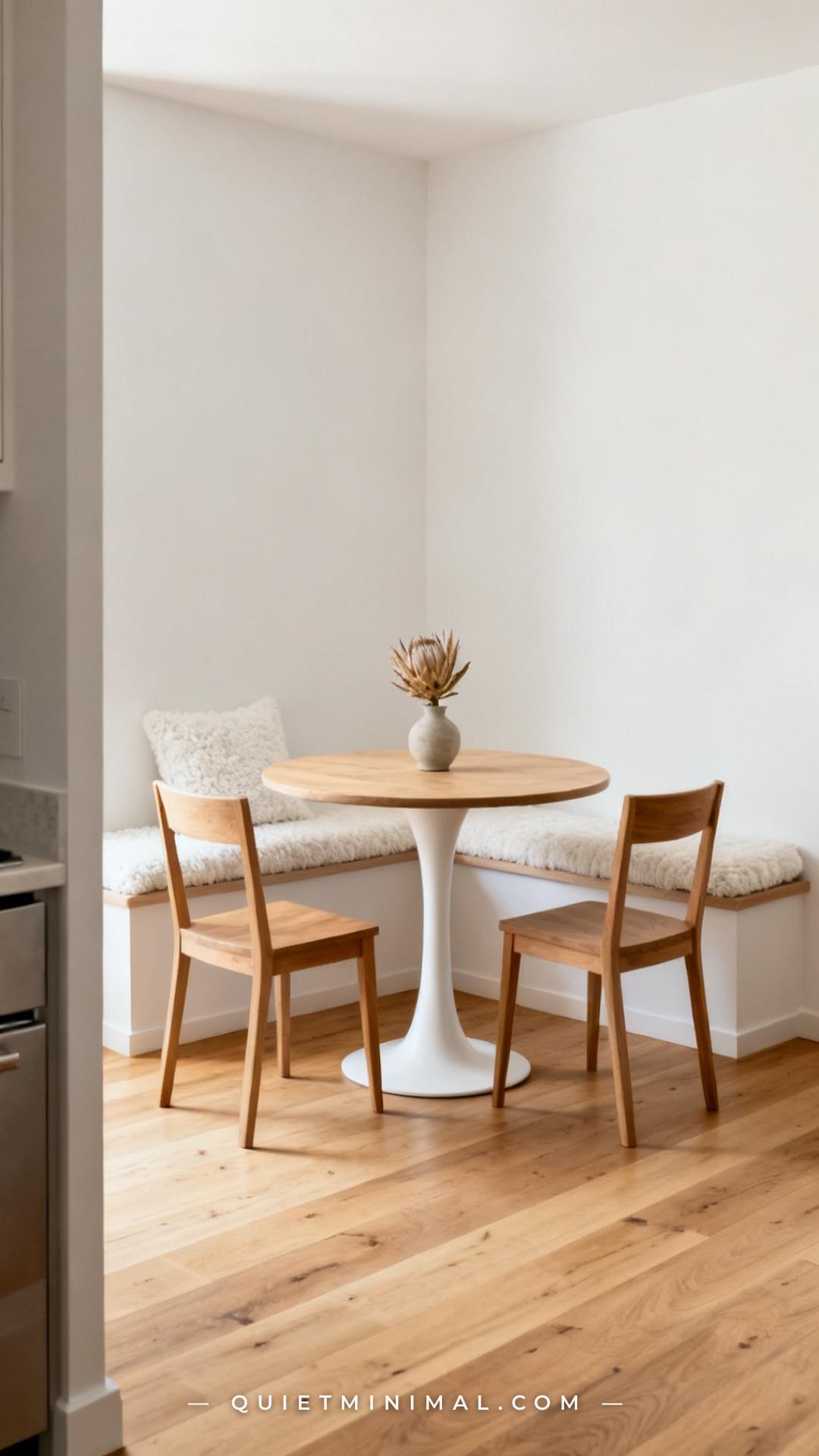 A vertical photograph captures a full breakfast nook corner with a small round pedestal table centered in front of a cor