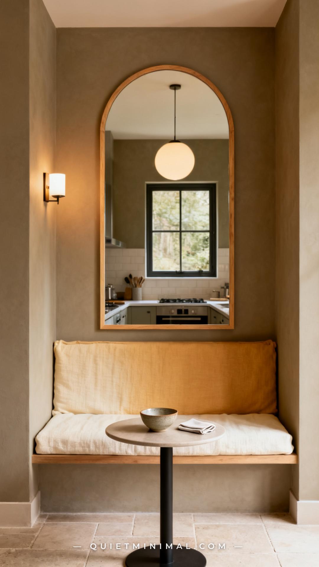 A vertical photograph captures a kitchen corner breakfast nook with a large arched mirror mounted directly on the back c