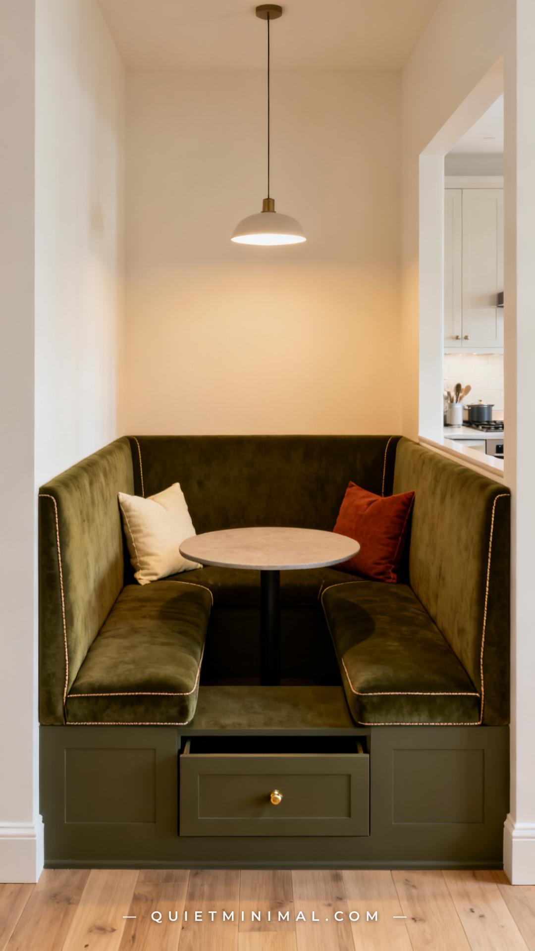 A vertical photograph captures a full corner banquette built along two walls of a kitchen corner