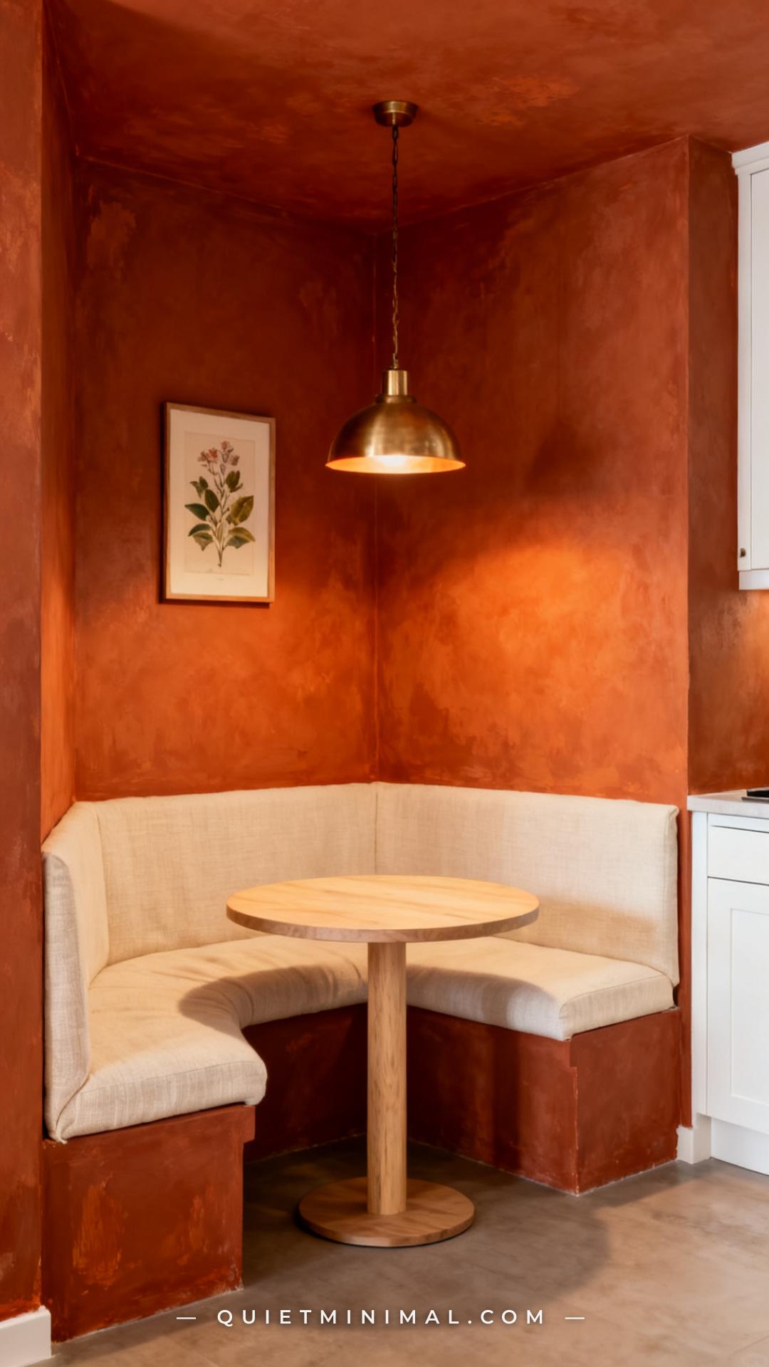 A vertical photograph captures the full corner of a breakfast nook painted in a deep warm terracotta
