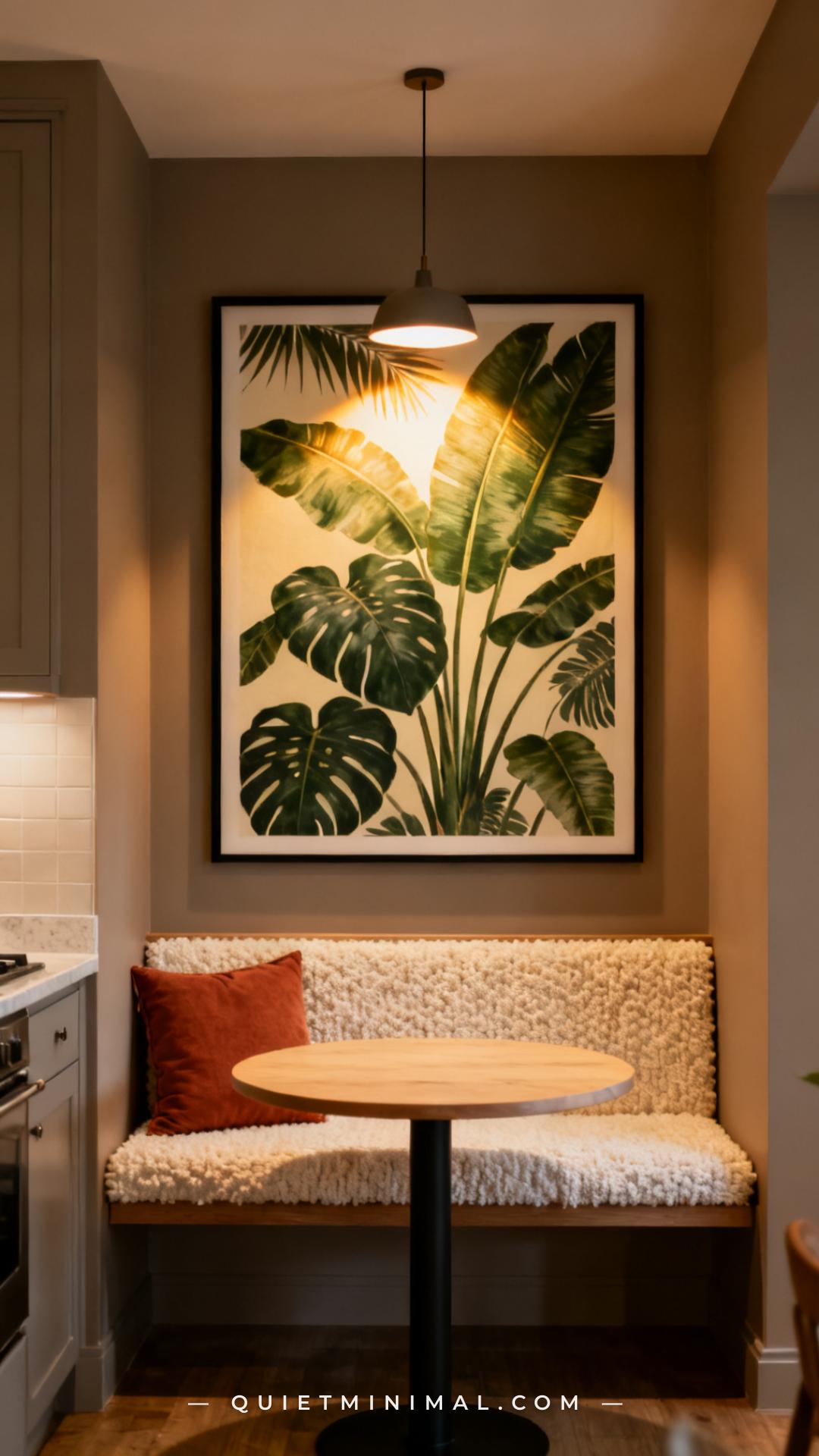 A vertical photograph captures a breakfast nook corner with a large-scale botanical art print mounted in a simple thin b