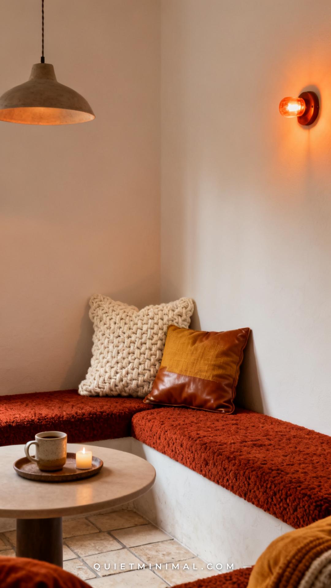A vertical photograph captures the full length of a corner bench seat styled with layered cushions and throw pillows in