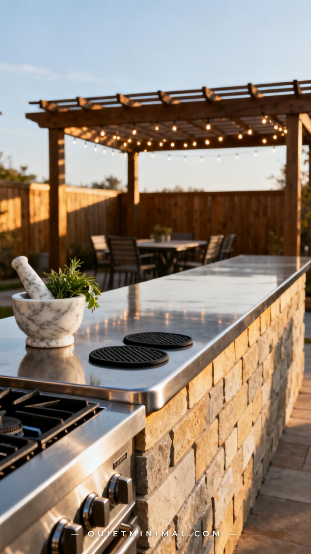 A wide vertical photograph shows the top edge detail of a completed outdoor kitchen island