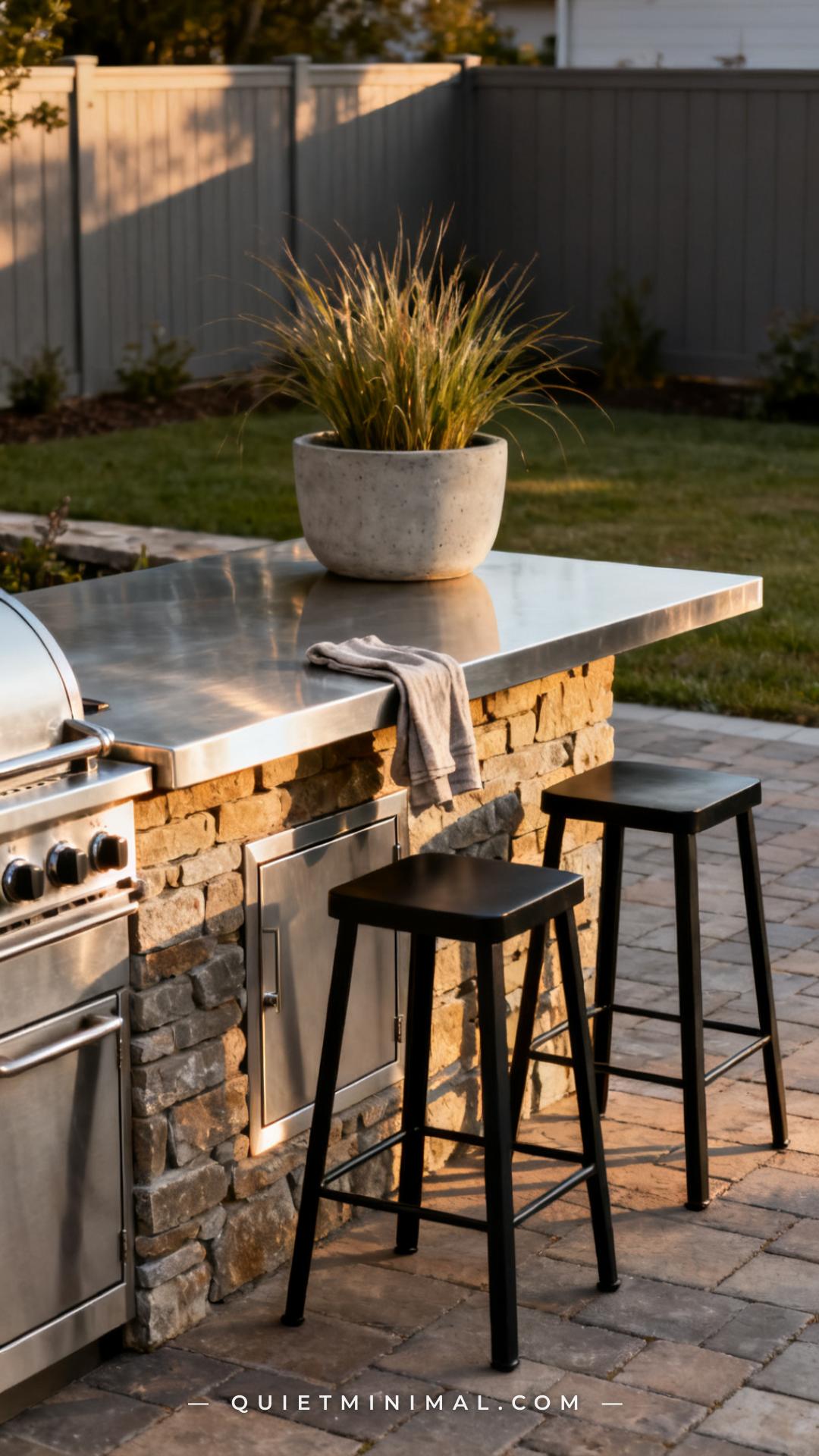 A vertical photograph establishes a full outdoor kitchen countertop detail within its backyard context