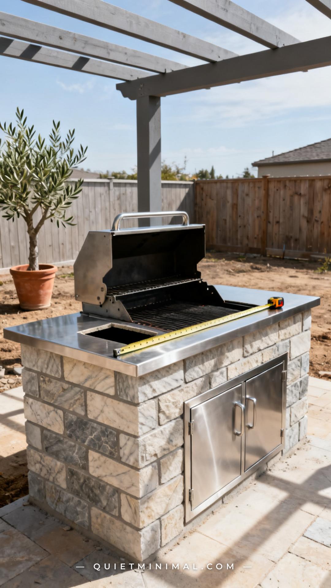 A wide establishing shot of an outdoor kitchen island during installation