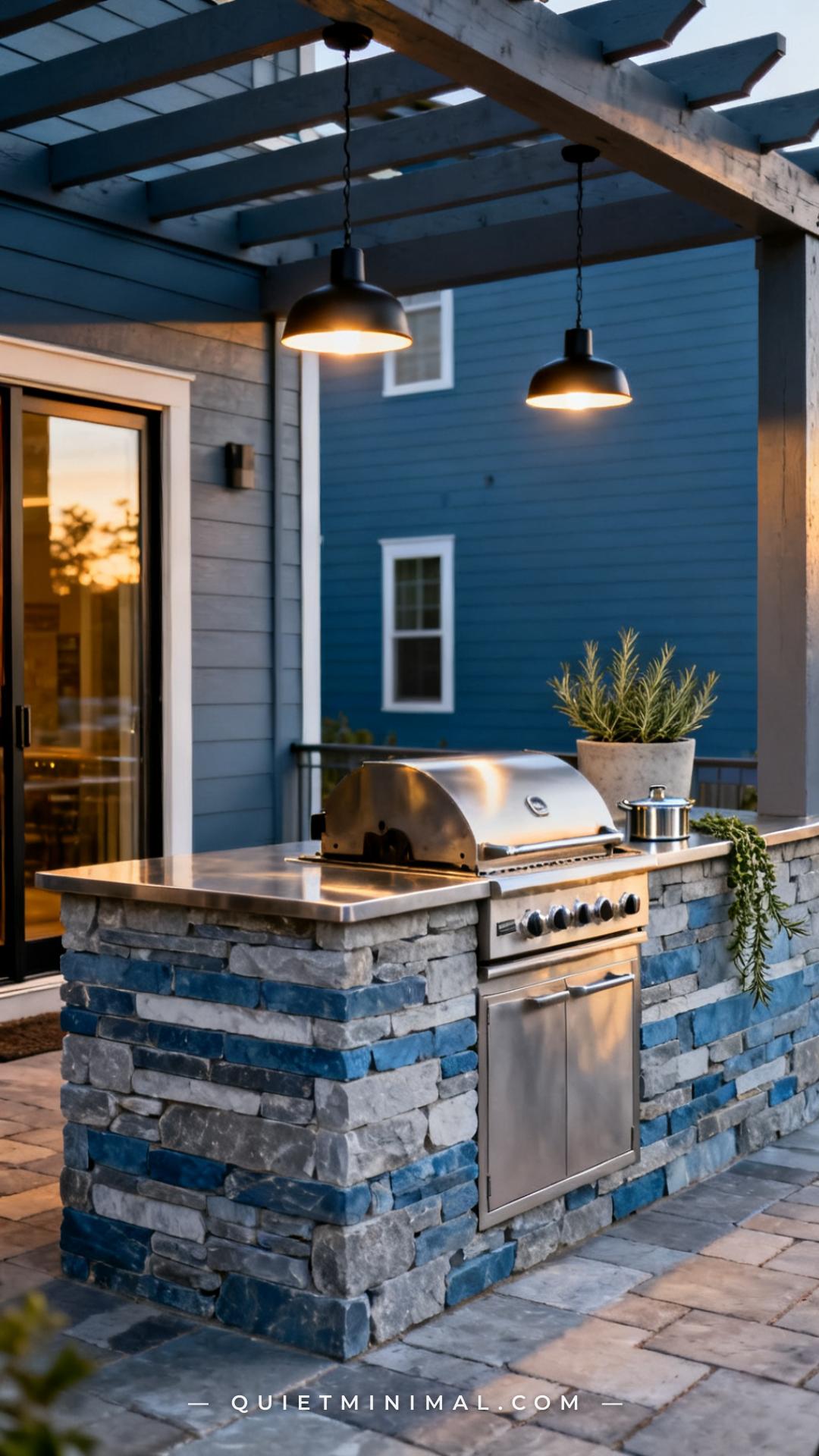 A vertical photograph shows a full outdoor kitchen island viewed from a slight angle