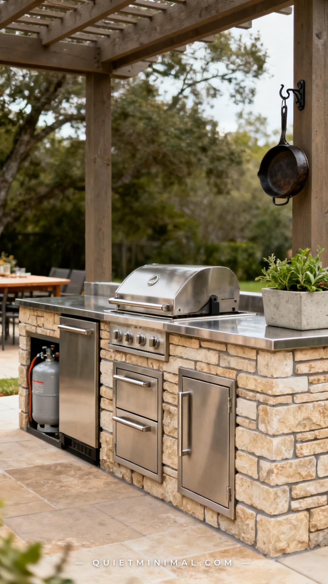 A wide vertical photograph shows the front face of a completed outdoor kitchen island with the grill centrally positione