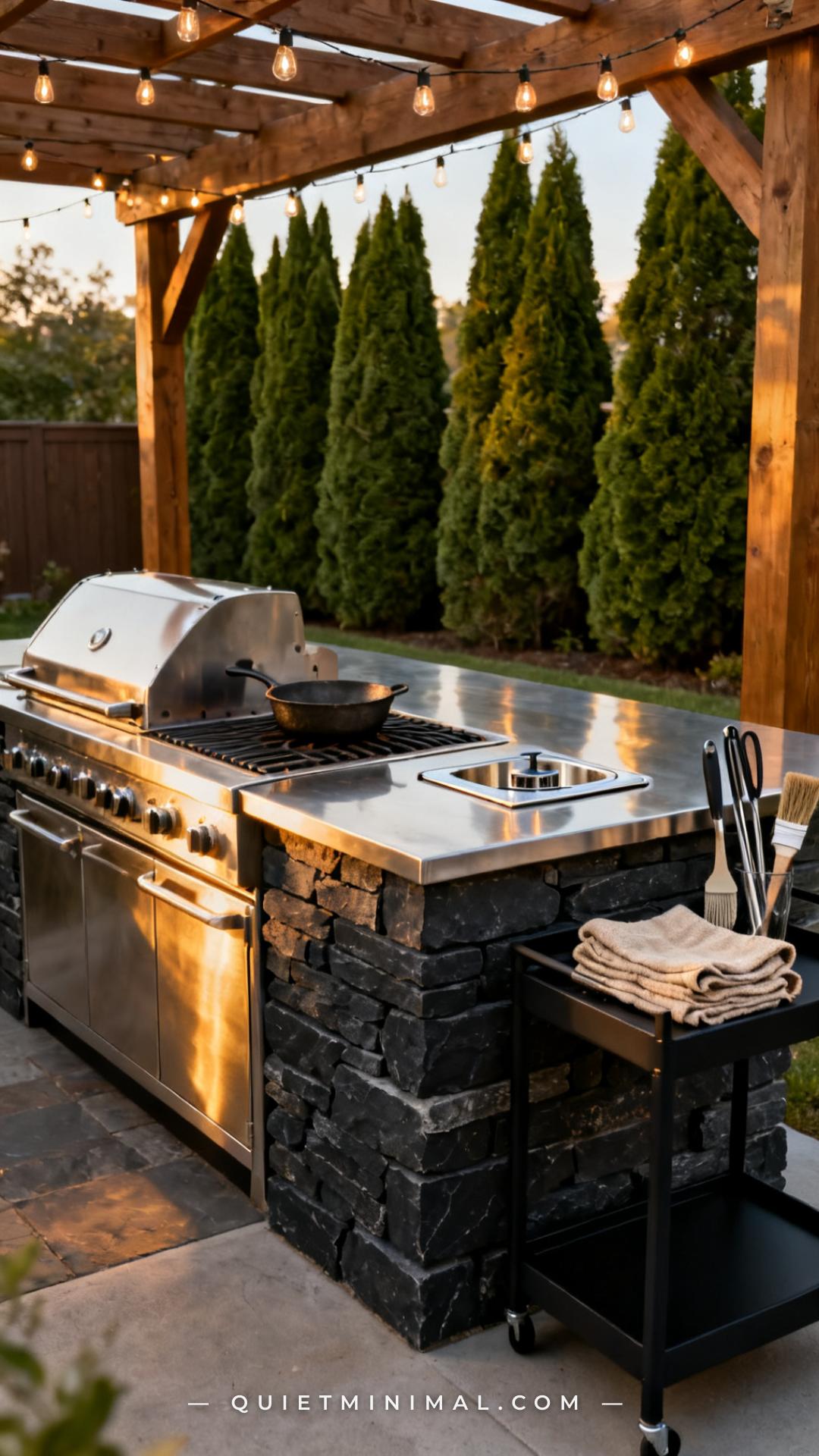 A vertical wide-angle photograph shows the right end of an outdoor kitchen island