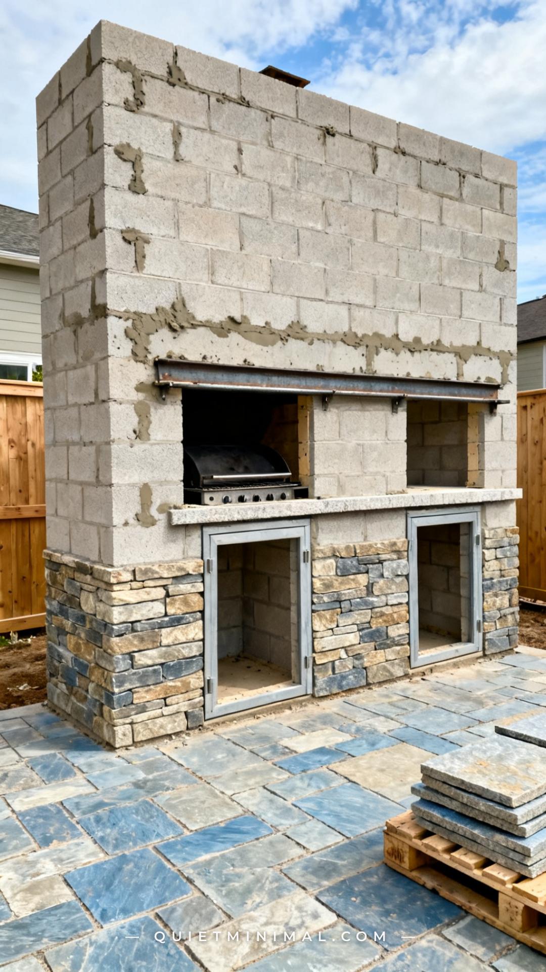 A wide vertical photograph shows an outdoor kitchen island under construction