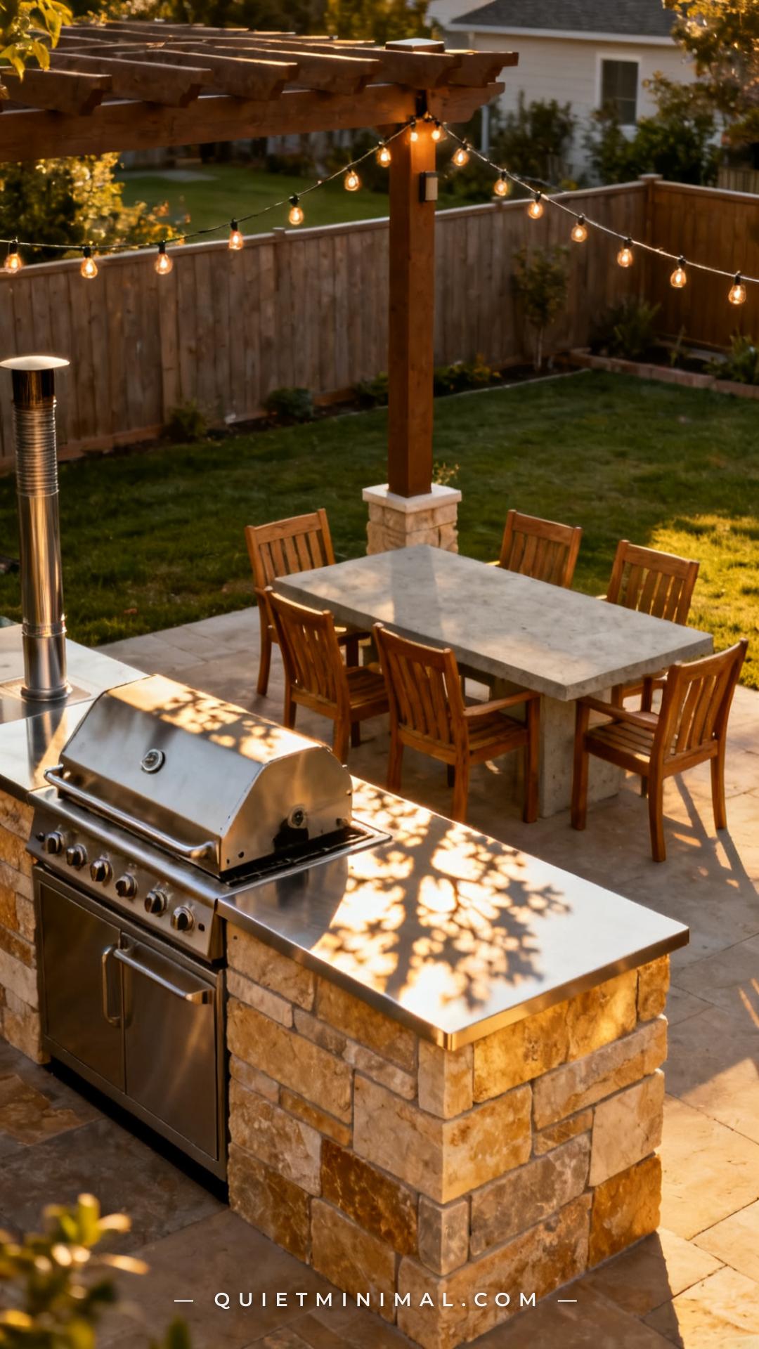 A wide establishing vertical photograph shows a completed outdoor kitchen island positioned along the perimeter fence of