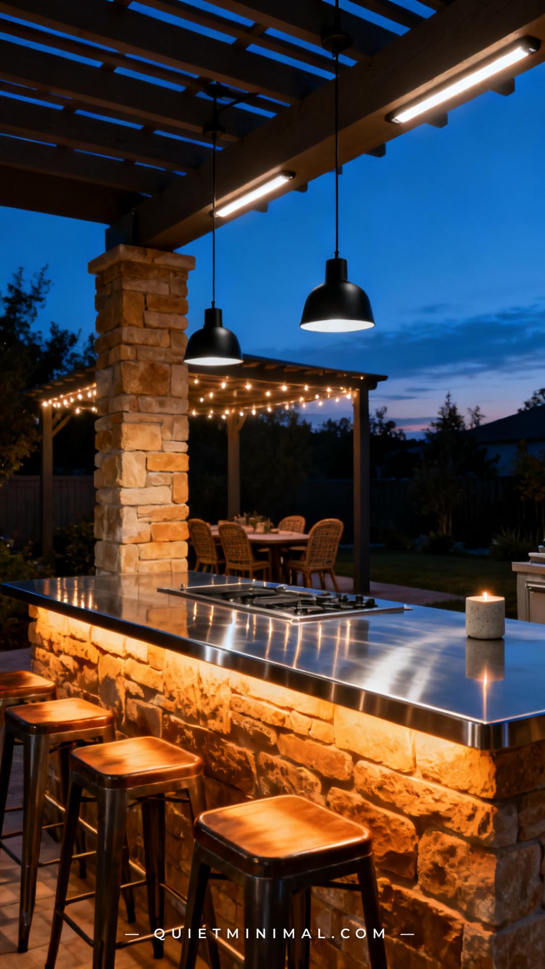 A wide vertical photograph captures an outdoor kitchen island at dusk