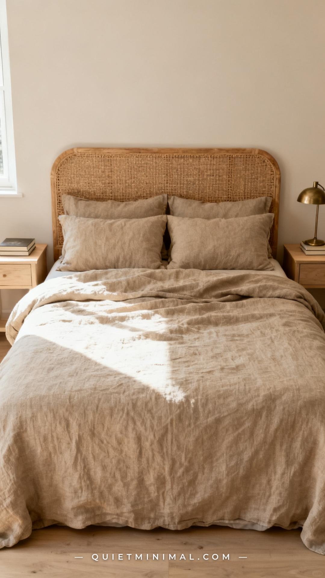 A vertical photograph captures a full bed styled in a single tonal linen colorway — warm oatmeal throughout