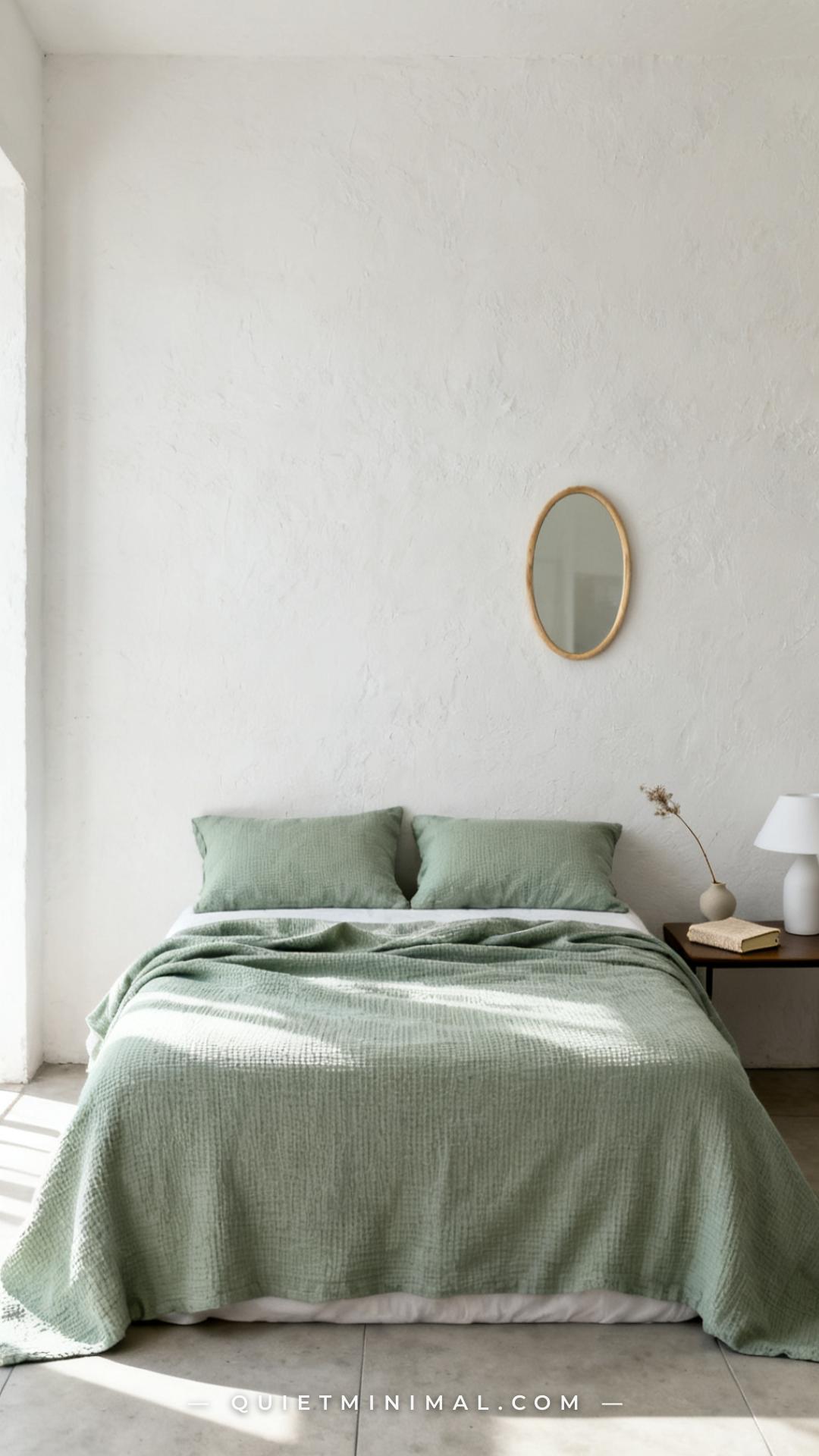 A vertical photograph captures a neatly made bed dressed with a pale sage waffle-weave cotton coverlet pulled to the top