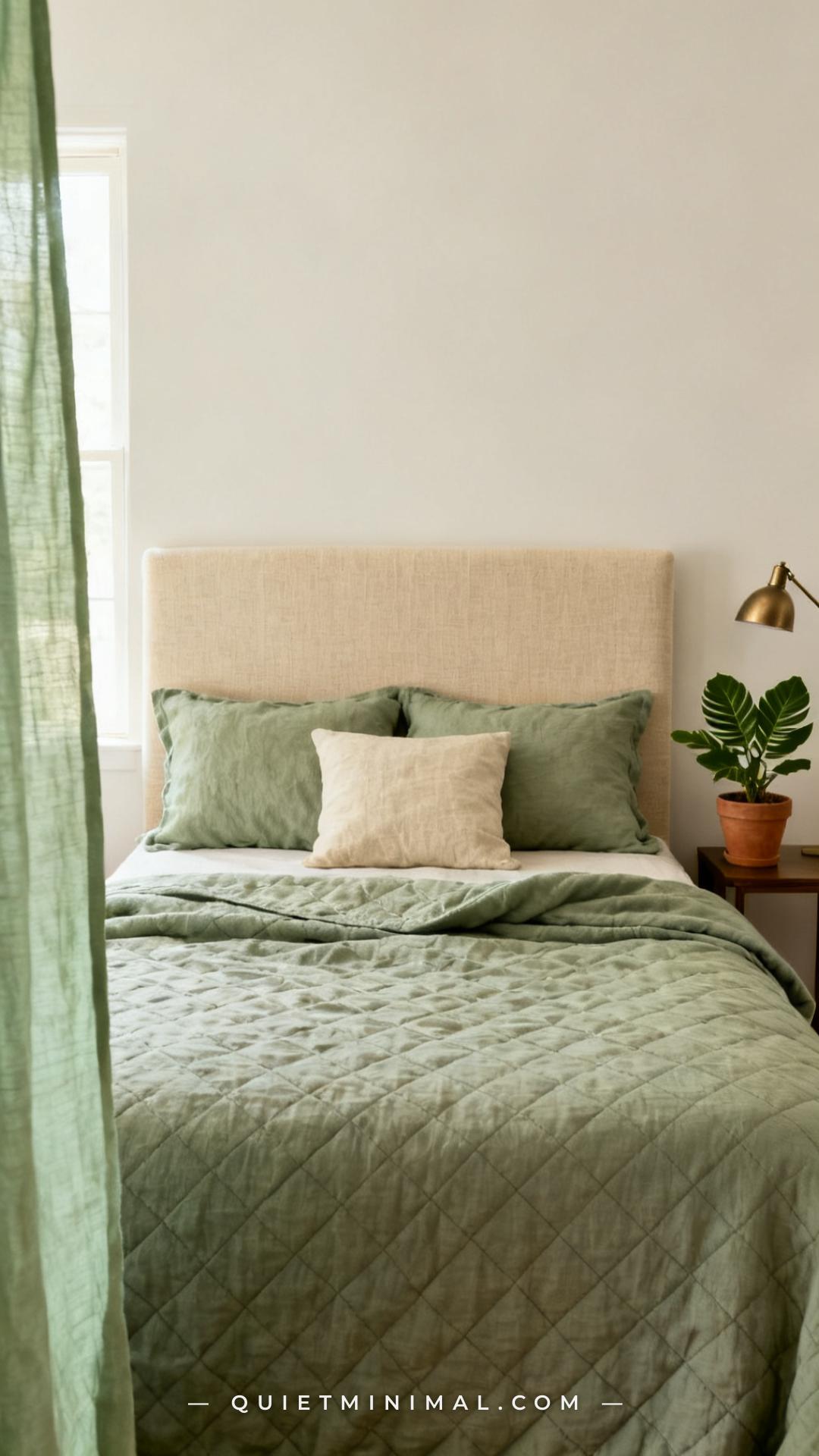A vertical photograph captures a medium-wide view of a full bed styled with a solid dusty sage quilted coverlet with a s