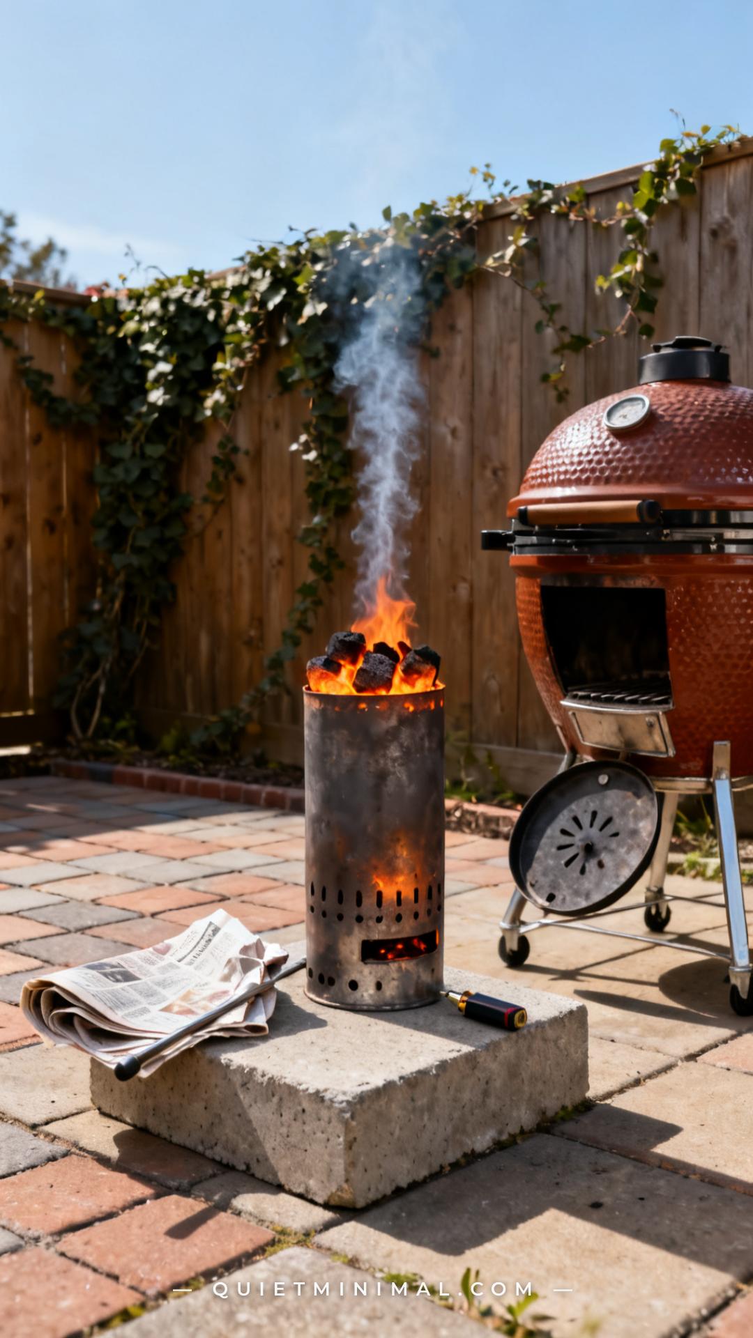 A vertical photograph captures a wide view of a backyard grilling station with a chimney charcoal starter placed on a co