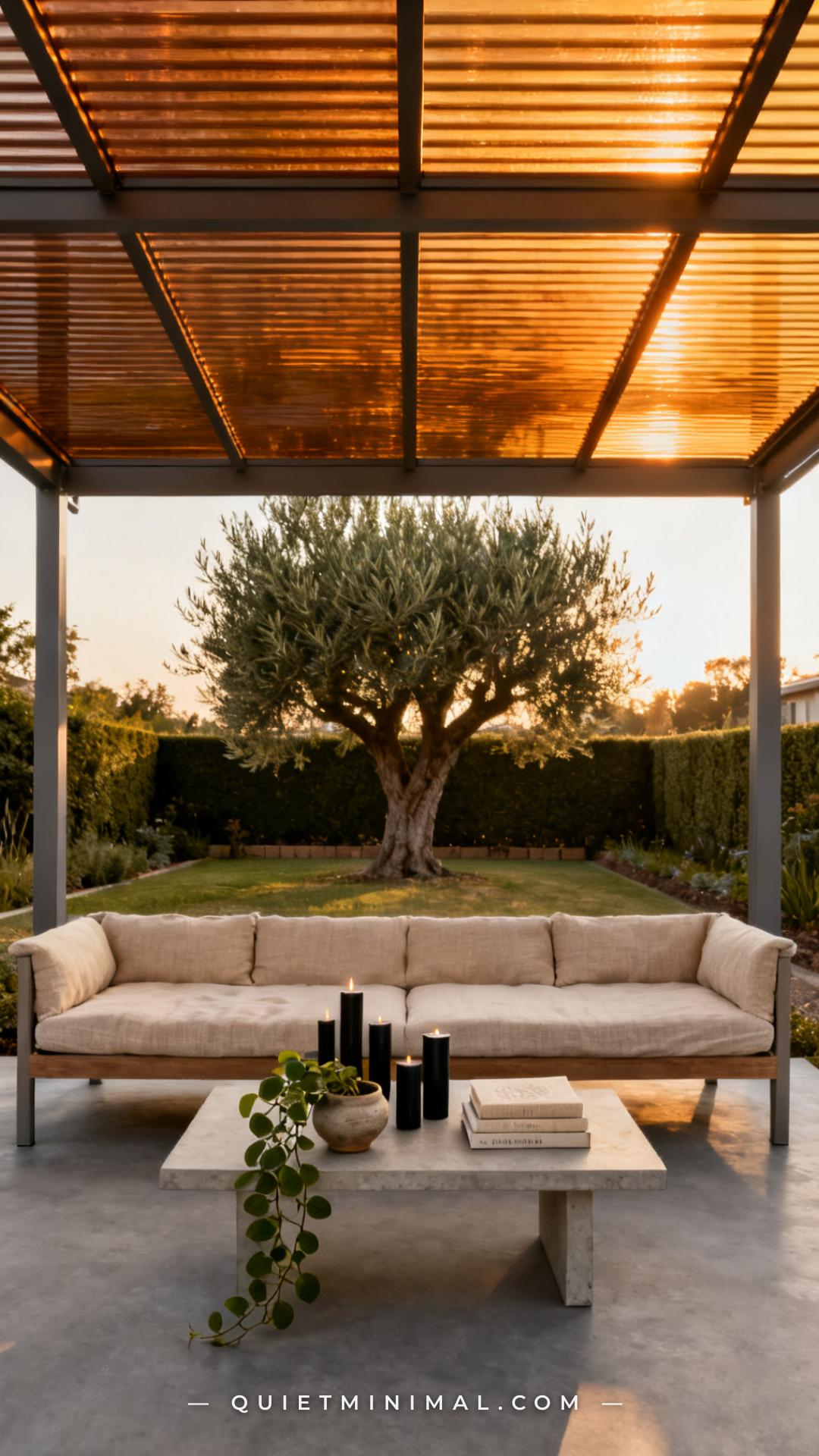 A wide vertical photograph establishes a west-facing rear patio covered by an aluminum pergola fitted with bronze-tinted