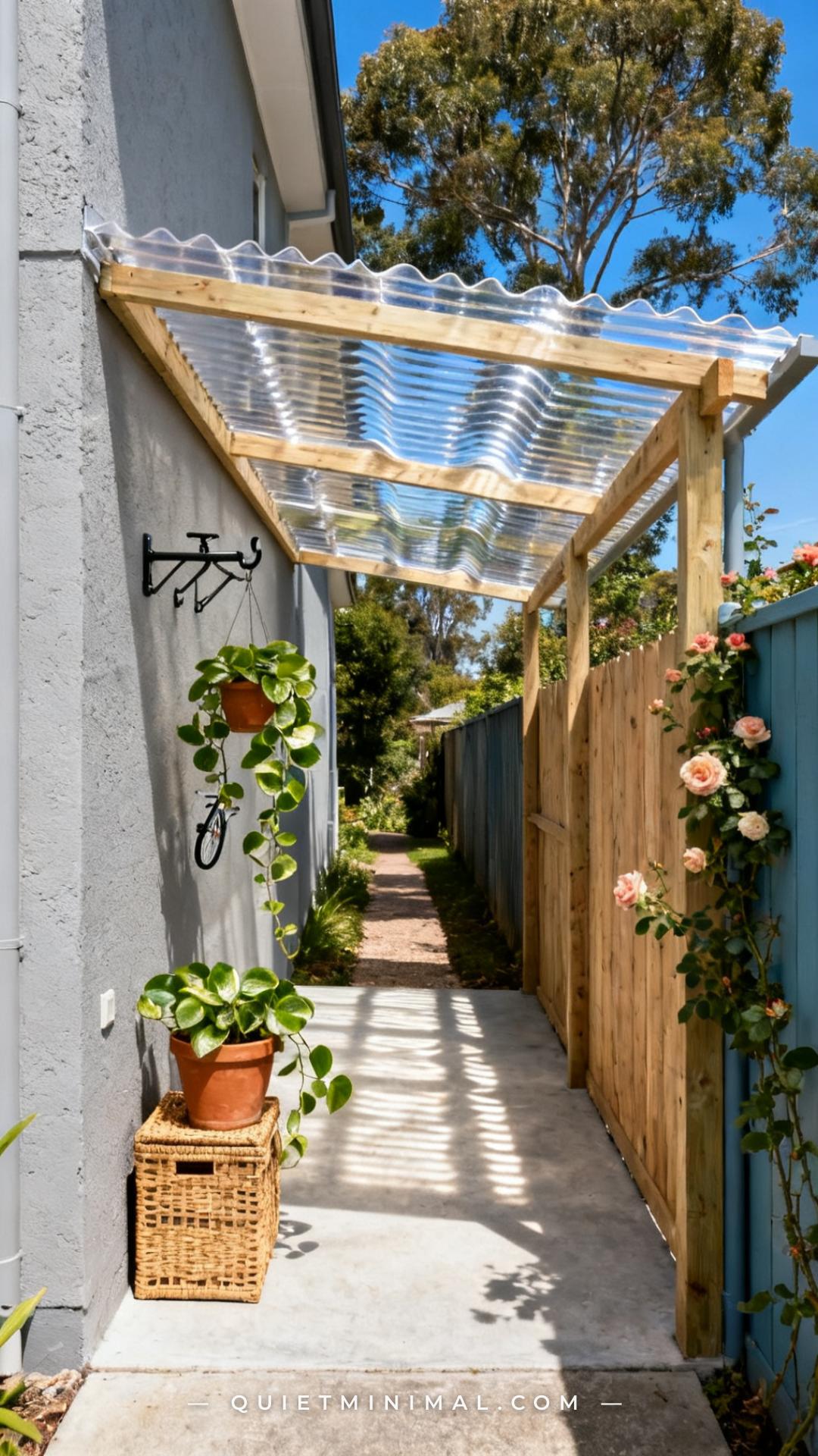 A vertical photograph establishes the full scene of a side-entry patio lean-to structure attached to a pale grey rendere