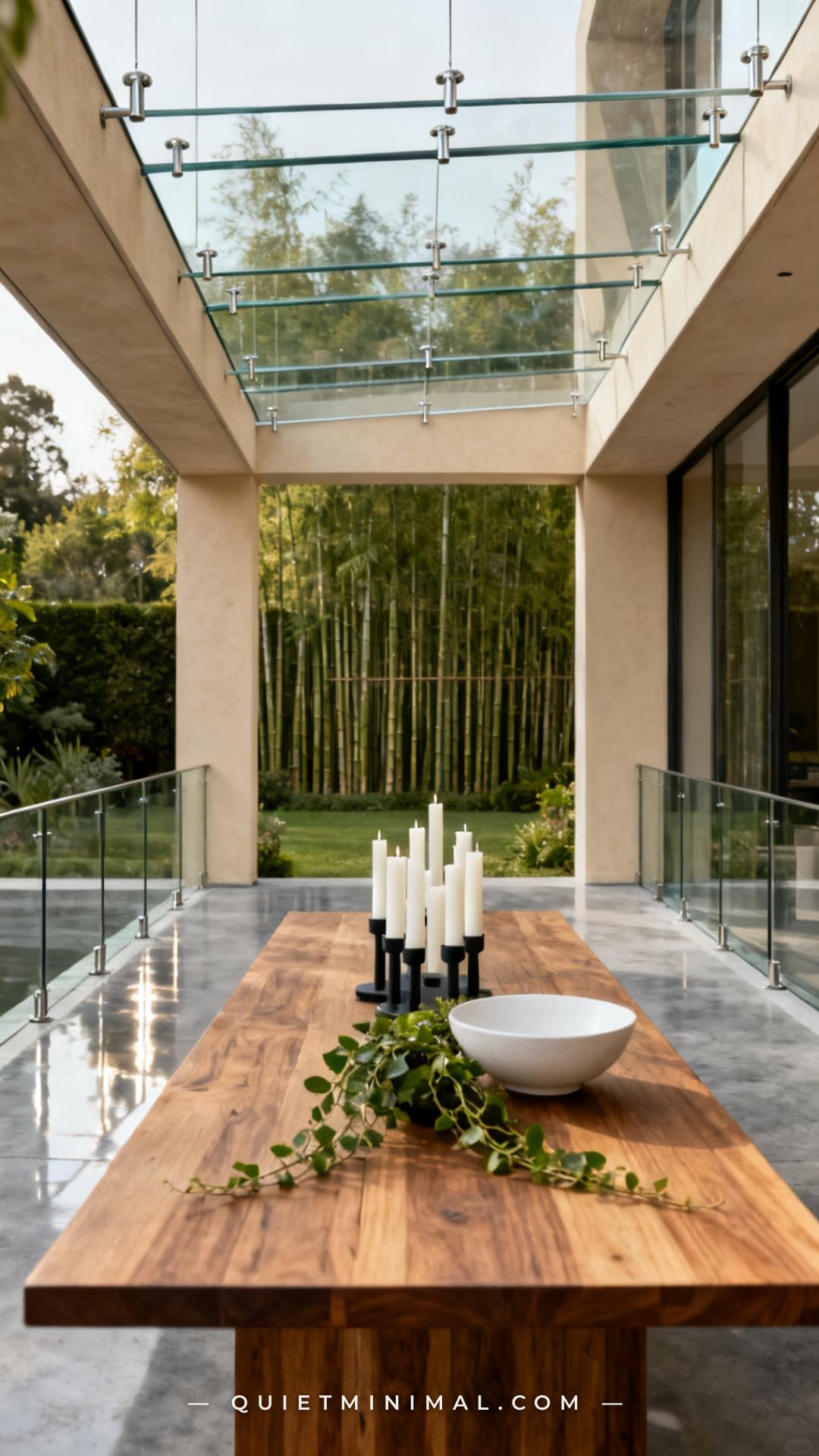 An establishing vertical photograph captures a wide view of a premium outdoor entertaining area sheltered by a frameless