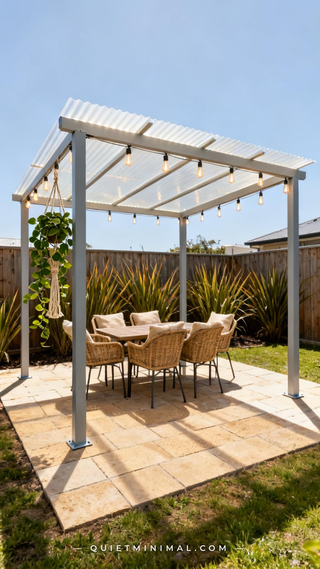 A vertical establishing photograph shows a complete freestanding pergola kit structure in a suburban backyard
