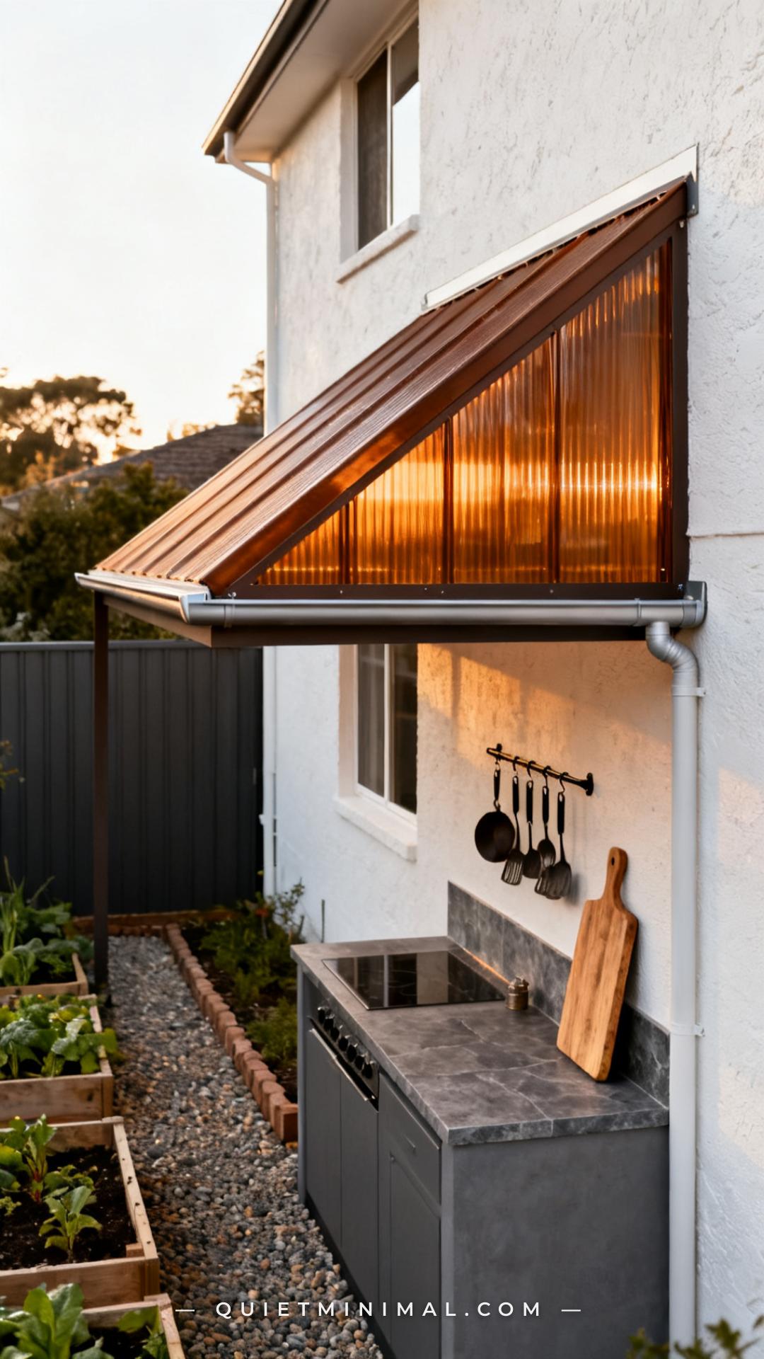 A vertical establishing photograph captures a lean-to patio cover structure attached directly to the rear wall of a whit