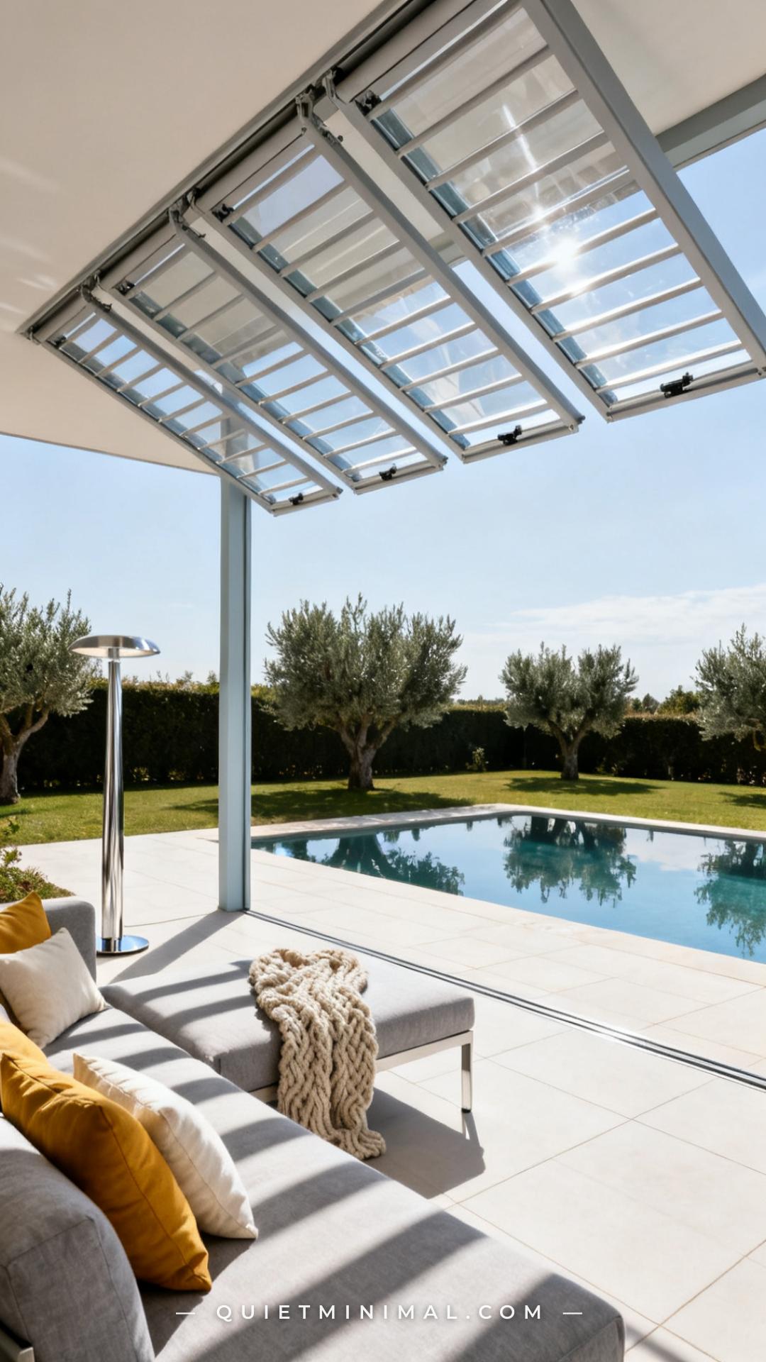 A wide vertical photograph establishes a modern patio louvre roof structure viewed from the interior looking outward tow