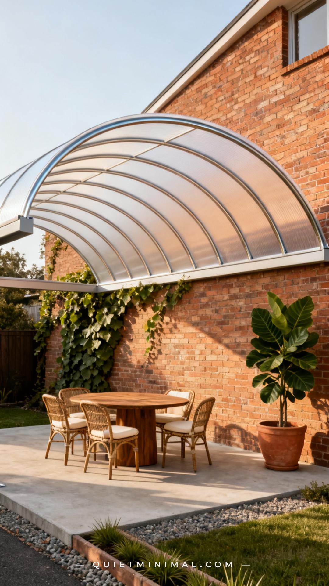 A vertical photograph establishes the full width of a curved barrel vault polycarbonate canopy structure attached to the