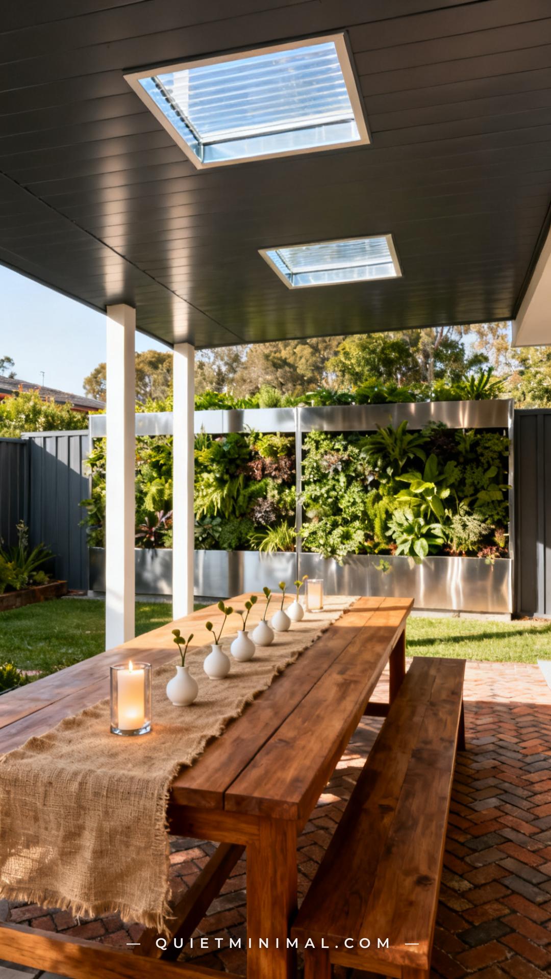 A wide vertical photograph captures an outdoor entertaining patio below a predominantly solid flat-roof pergola structur