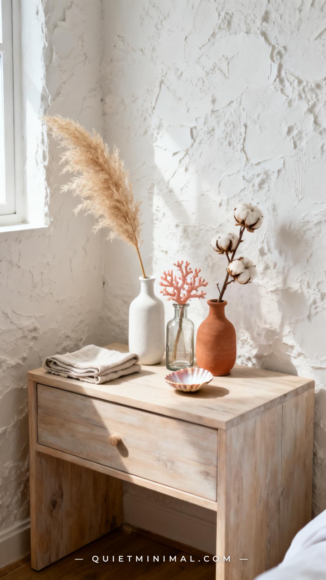 A vertical medium-wide photograph captures a full nightstand vignette against a coastal bedroom wall