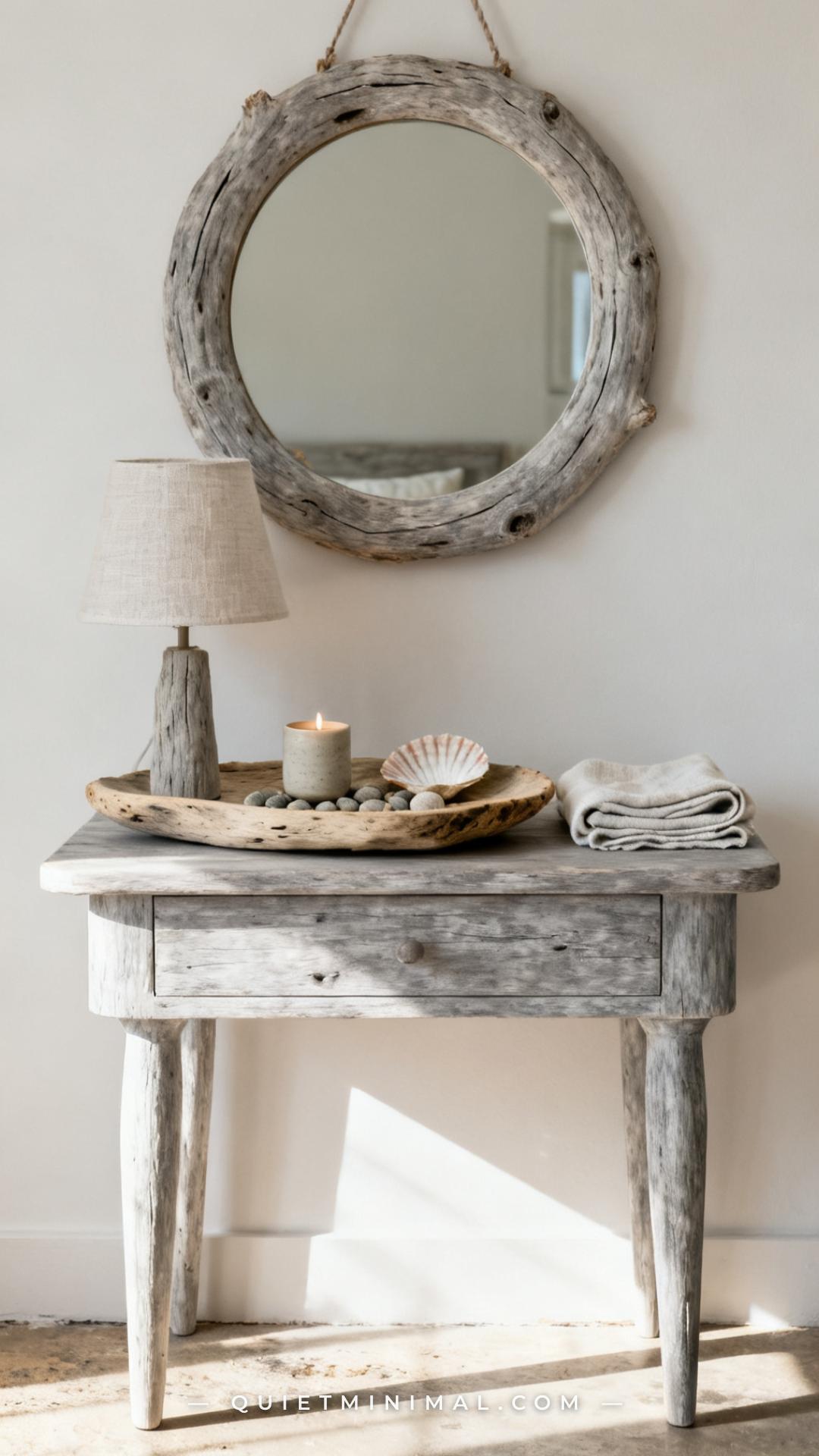 A vertical photograph captures a full bedroom wall scene where a shell garland drapes loosely over the top of a large dr