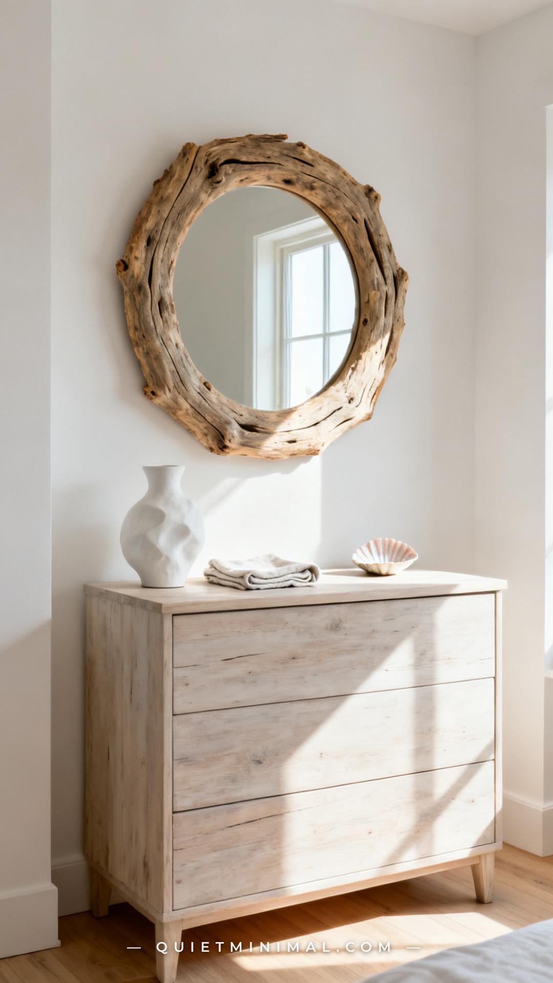 A vertical photograph captures a full bedroom corner where a large driftwood-framed leaner mirror stands against a white