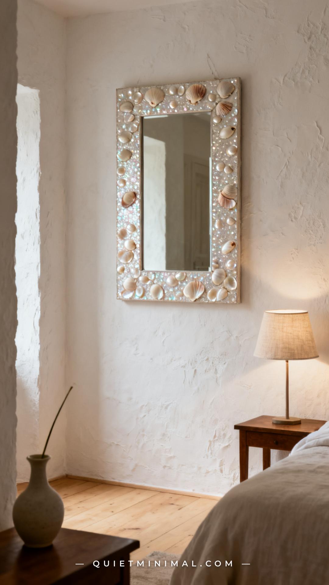A vertical photograph captures a bedroom accent wall where a shell-inlay mirror hangs at eye level