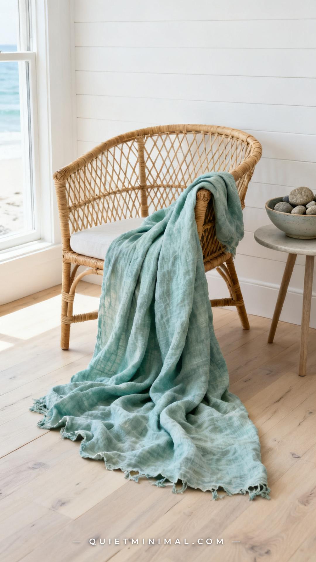 A vertical medium-wide photograph captures a coastal bedroom armchair vignette