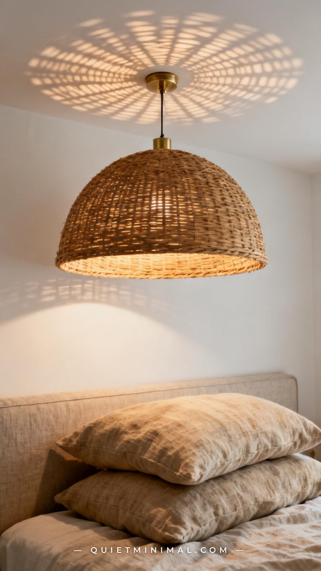 A wide vertical photograph captures the full length of a bed styled with layered coastal bedding