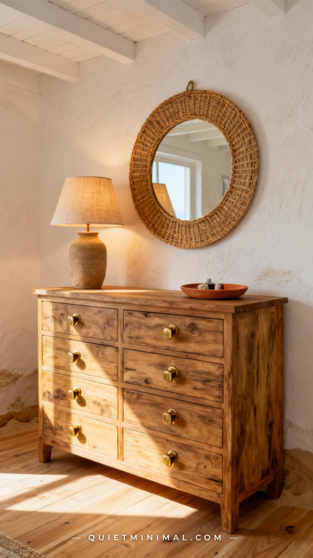 A wide vertical photograph of a coastal bedroom dresser scene against a sandy white wall