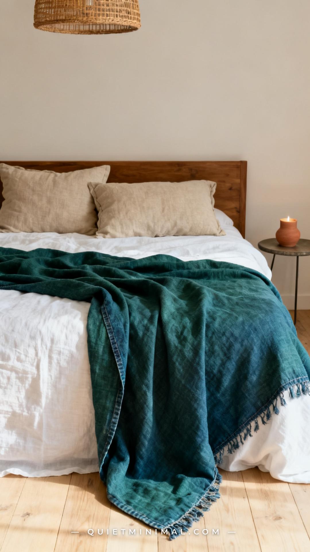 A wide composition of a coastal bedroom bed showing the full bed from foot to headboard