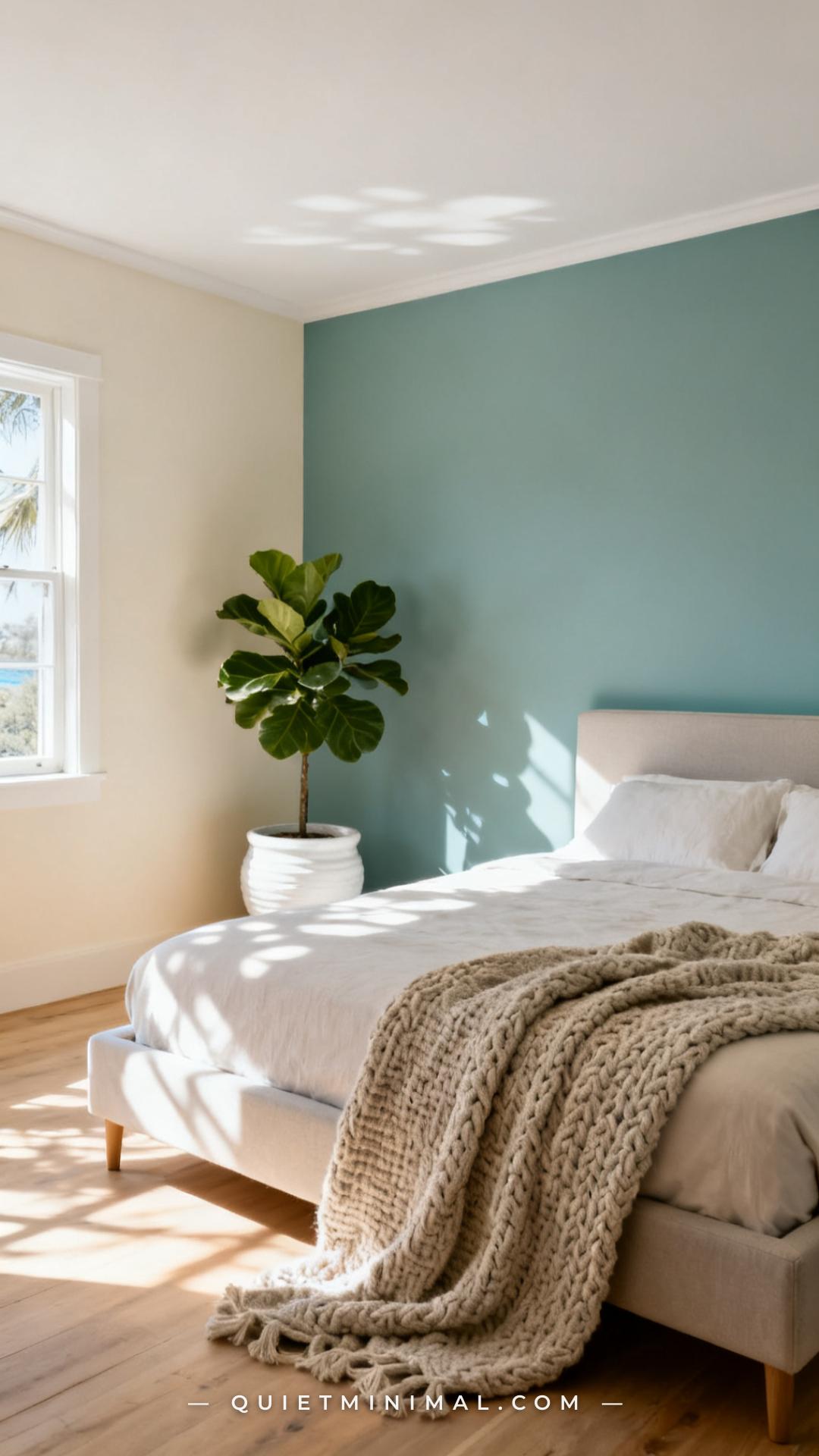A medium-wide view of a coastal bedroom showing a single accent wall painted in a soft