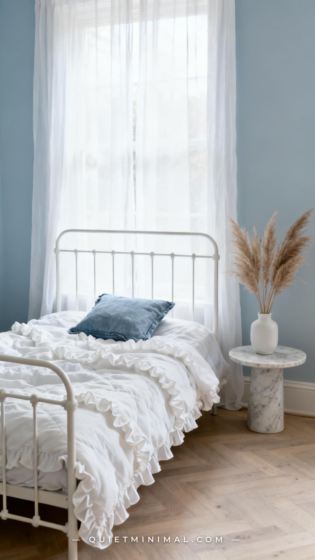 A wide vertical photograph of a serene coastal bedroom with walls painted in a barely-there pale blue — Farrow & Ball Bo