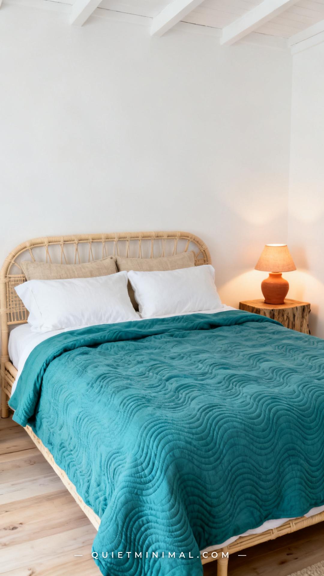A wide shot of a bright coastal bedroom centered on a queen bed dressed in a textured blue-green duvet with subtle wave-