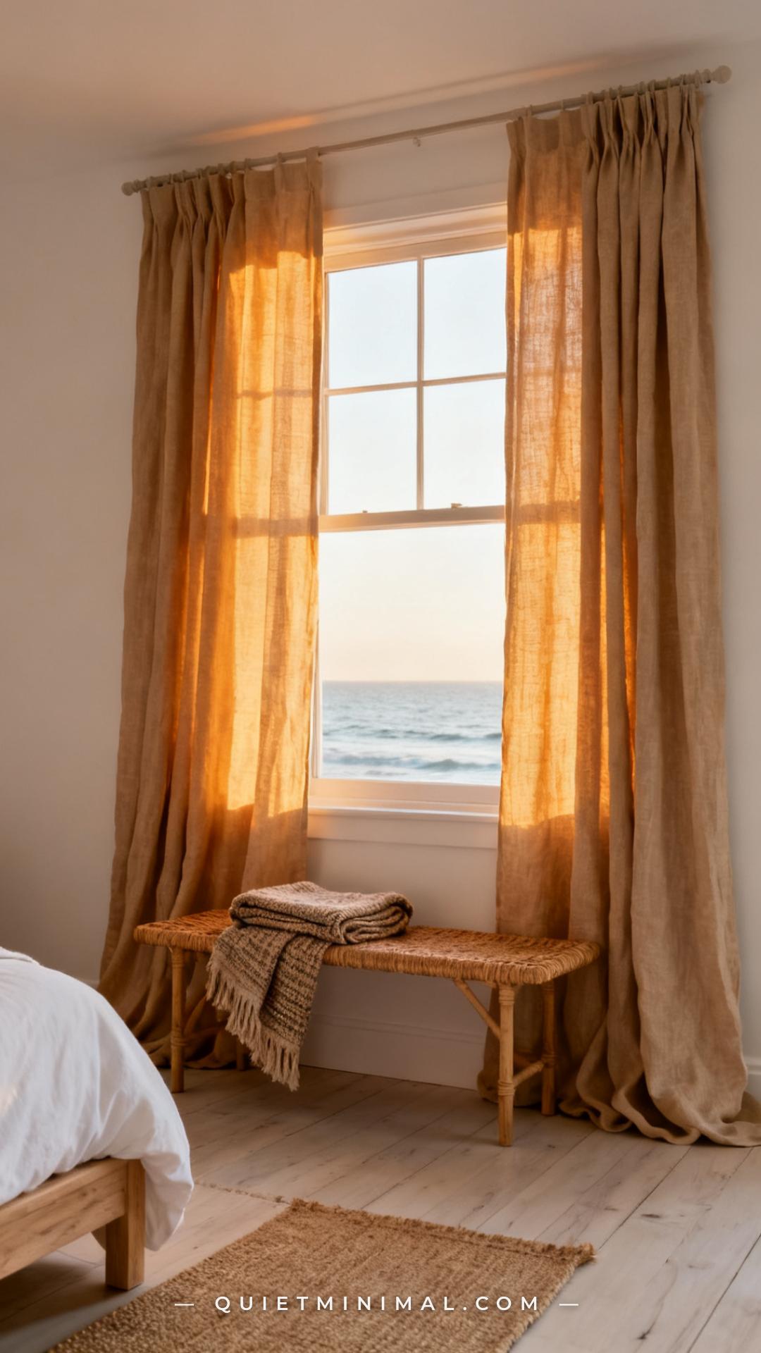 A wide vertical photograph of a coastal bedroom showing a large window dressed with floor-length linen curtains in a war