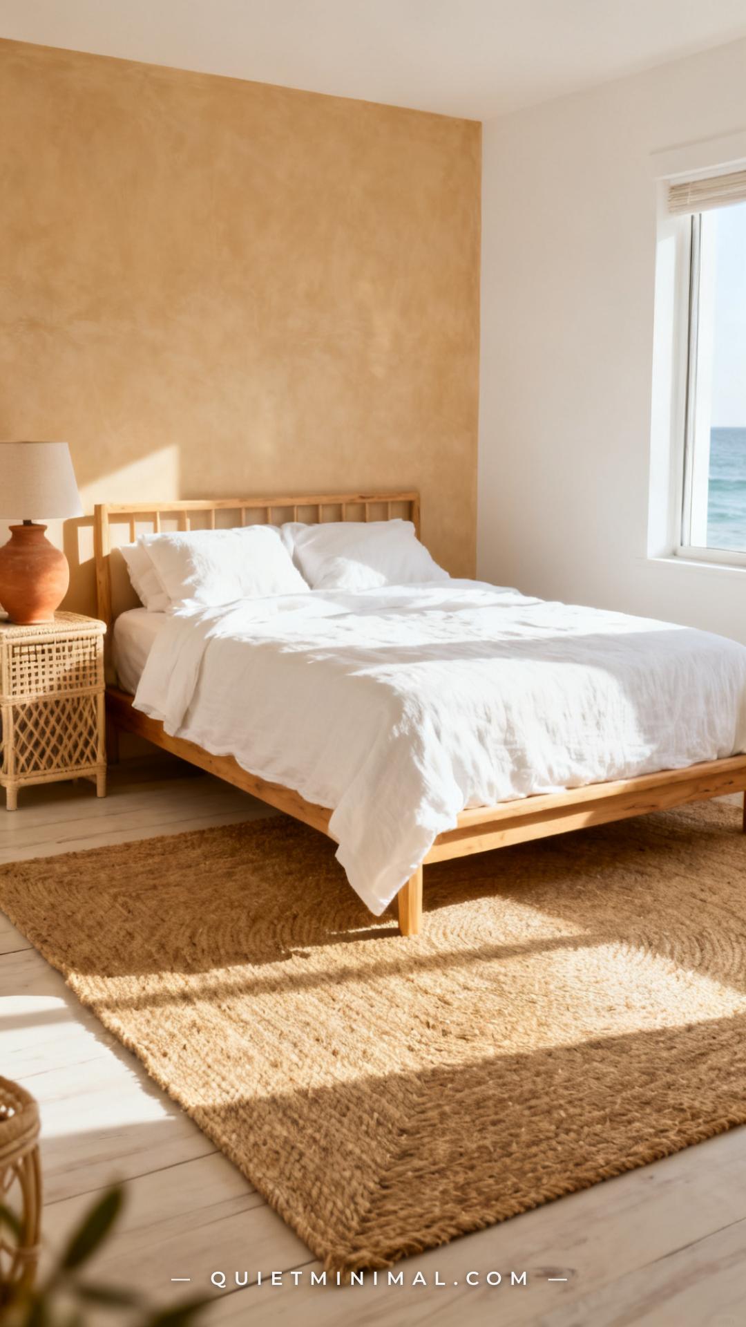A wide establishing shot of a bright coastal bedroom with a large natural jute area rug centered under the queen bed