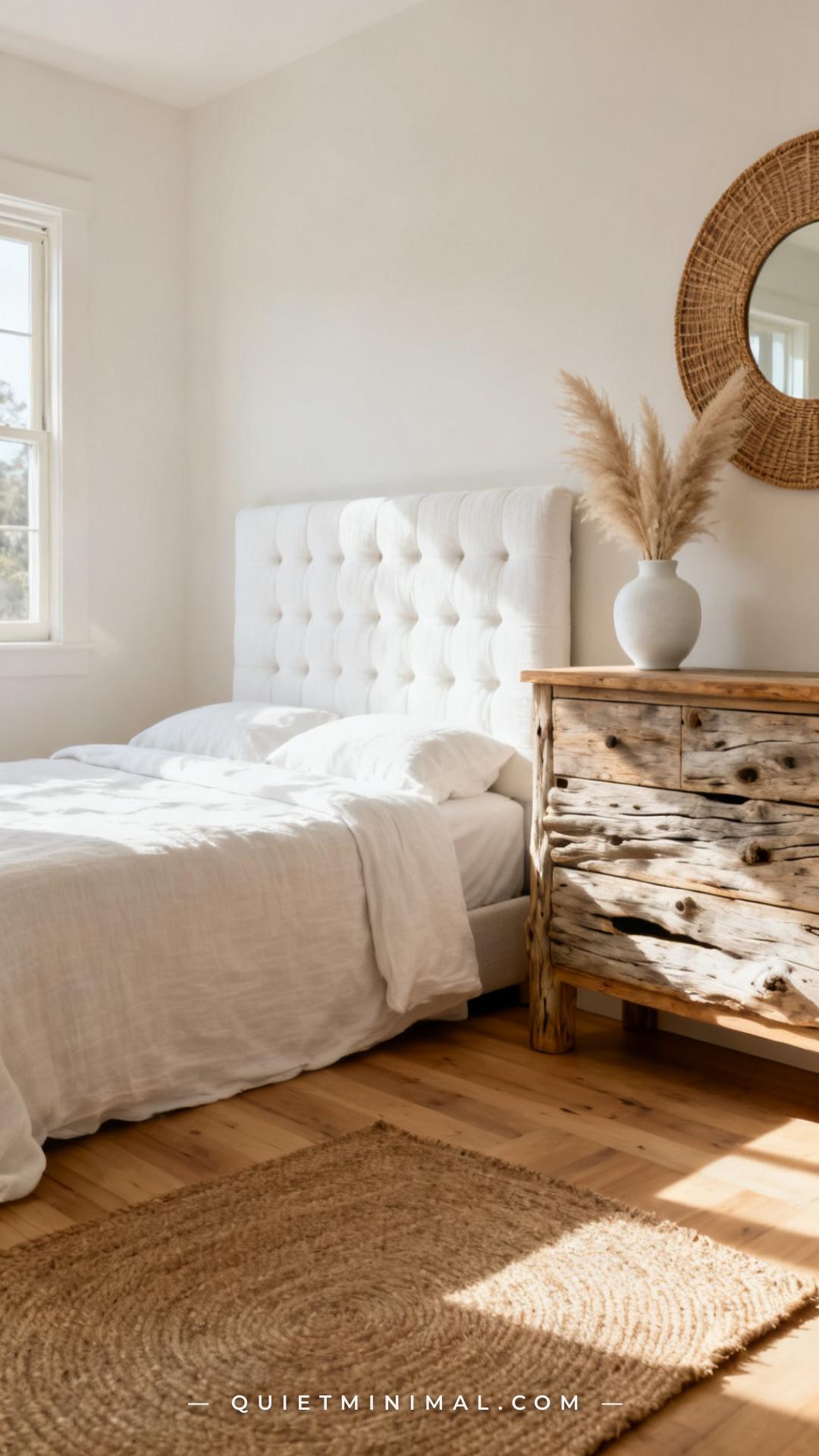 A wide view of a coastal bedroom with walls painted in a creamy